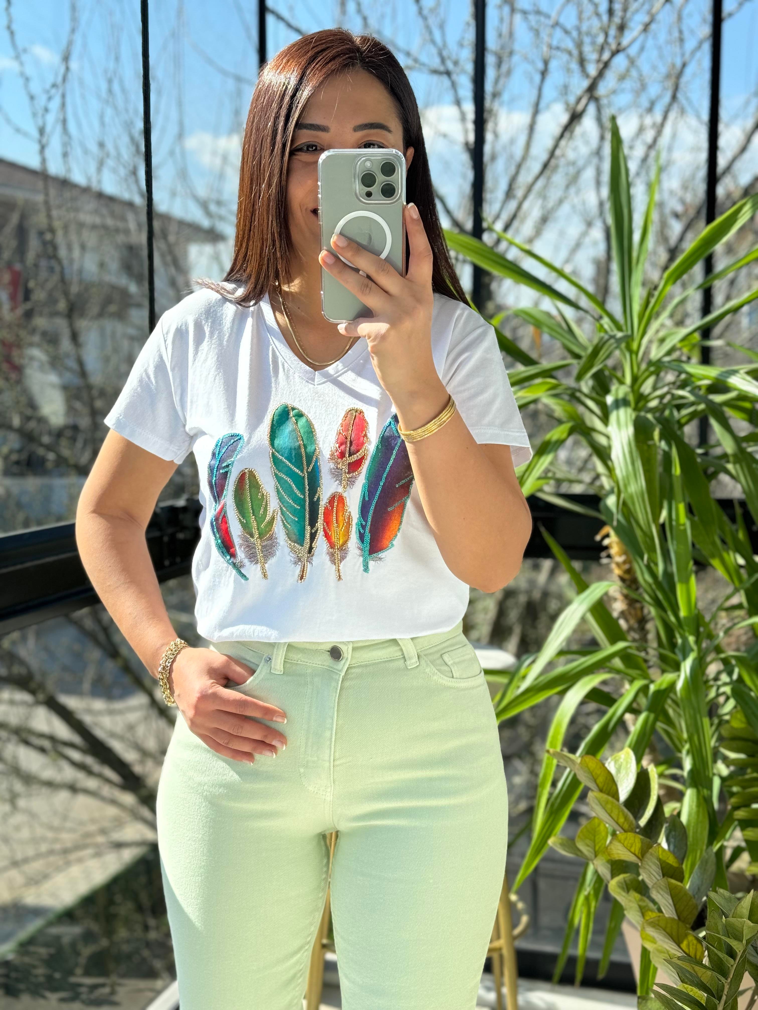 Pamuklu Tişört Kuş Tüylü