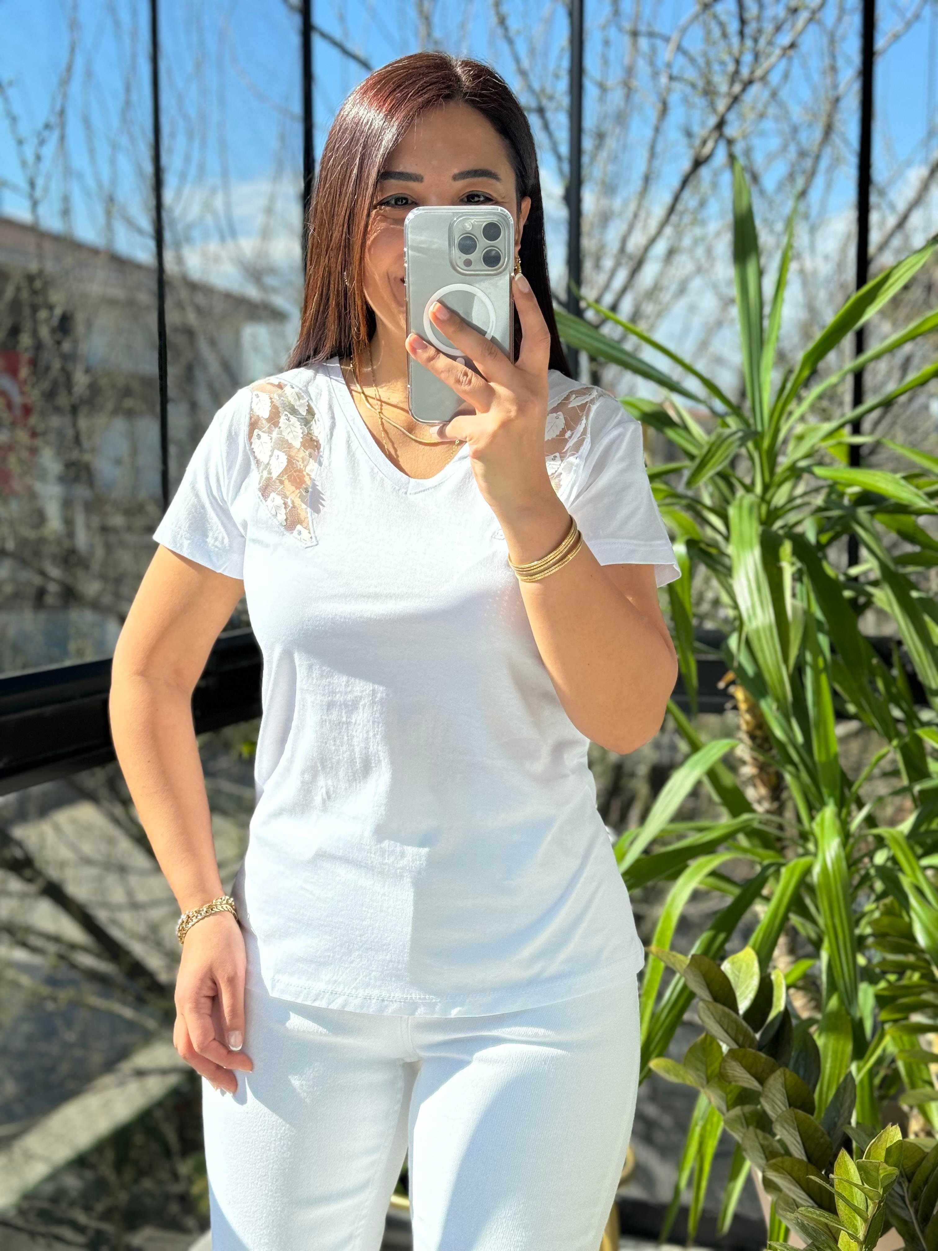 Pamuklu Tişört Omuz Transparan