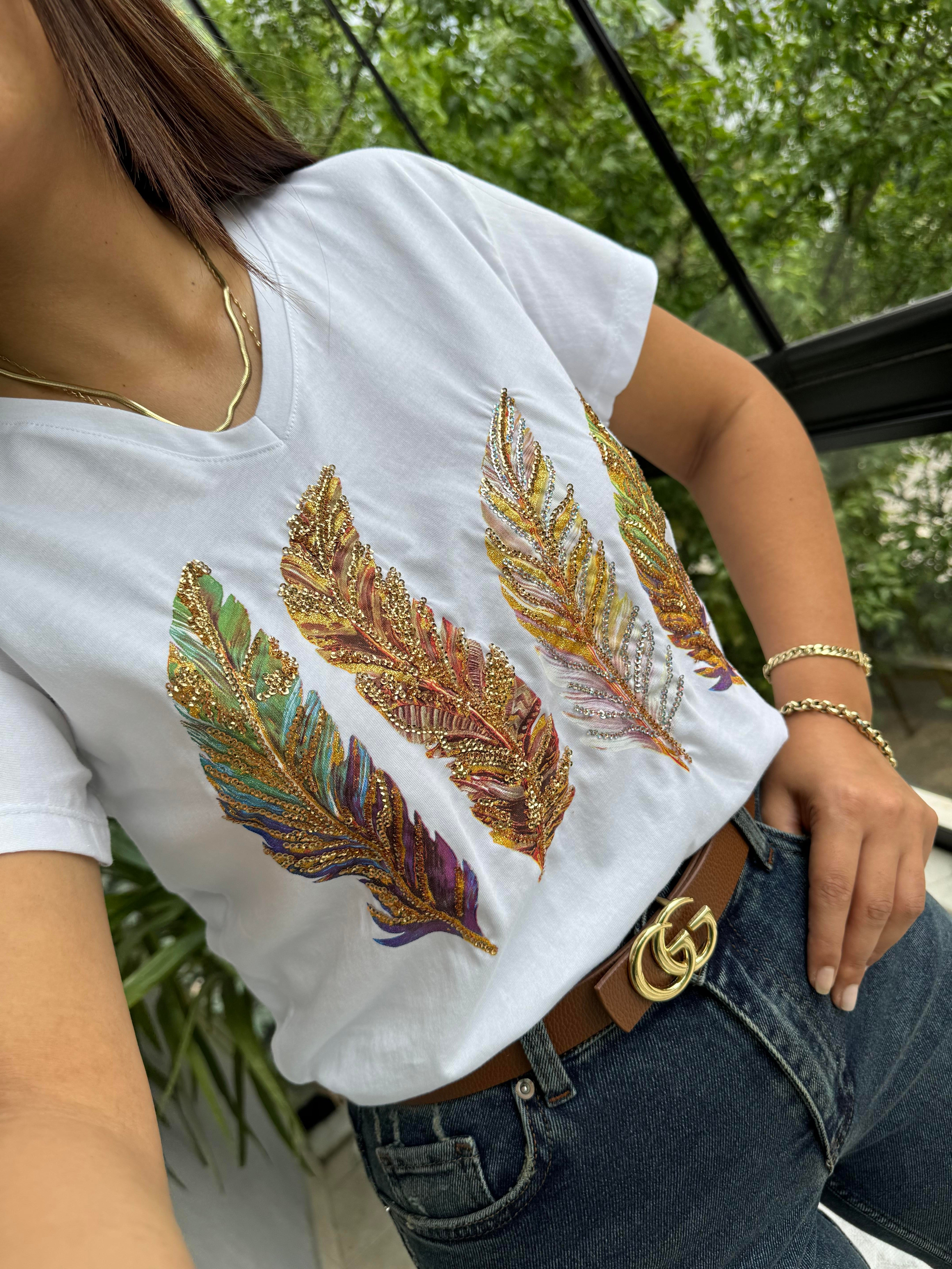 Pamuklu Tişört Renkli Tüylü