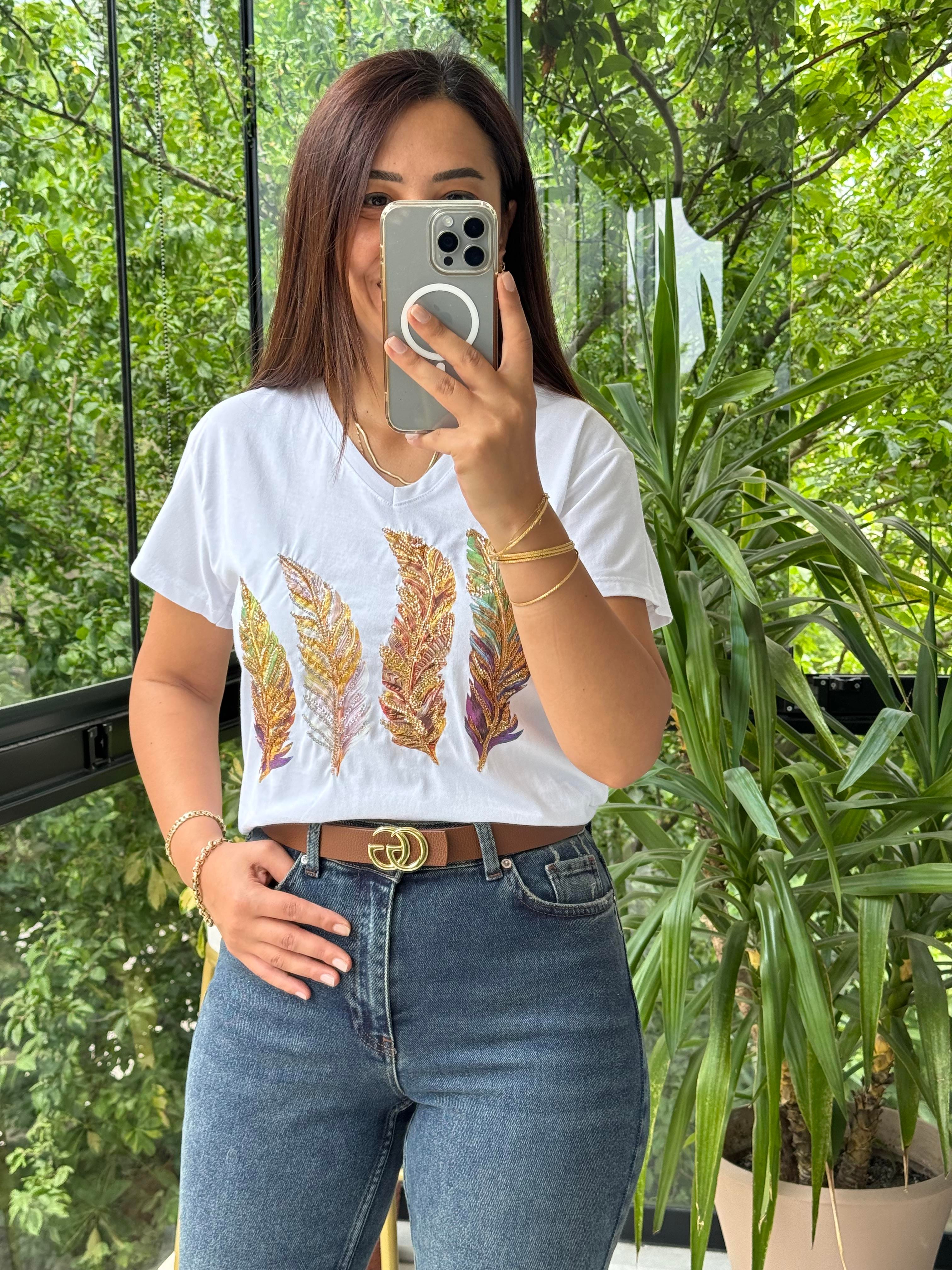 Pamuklu Tişört Renkli Tüylü