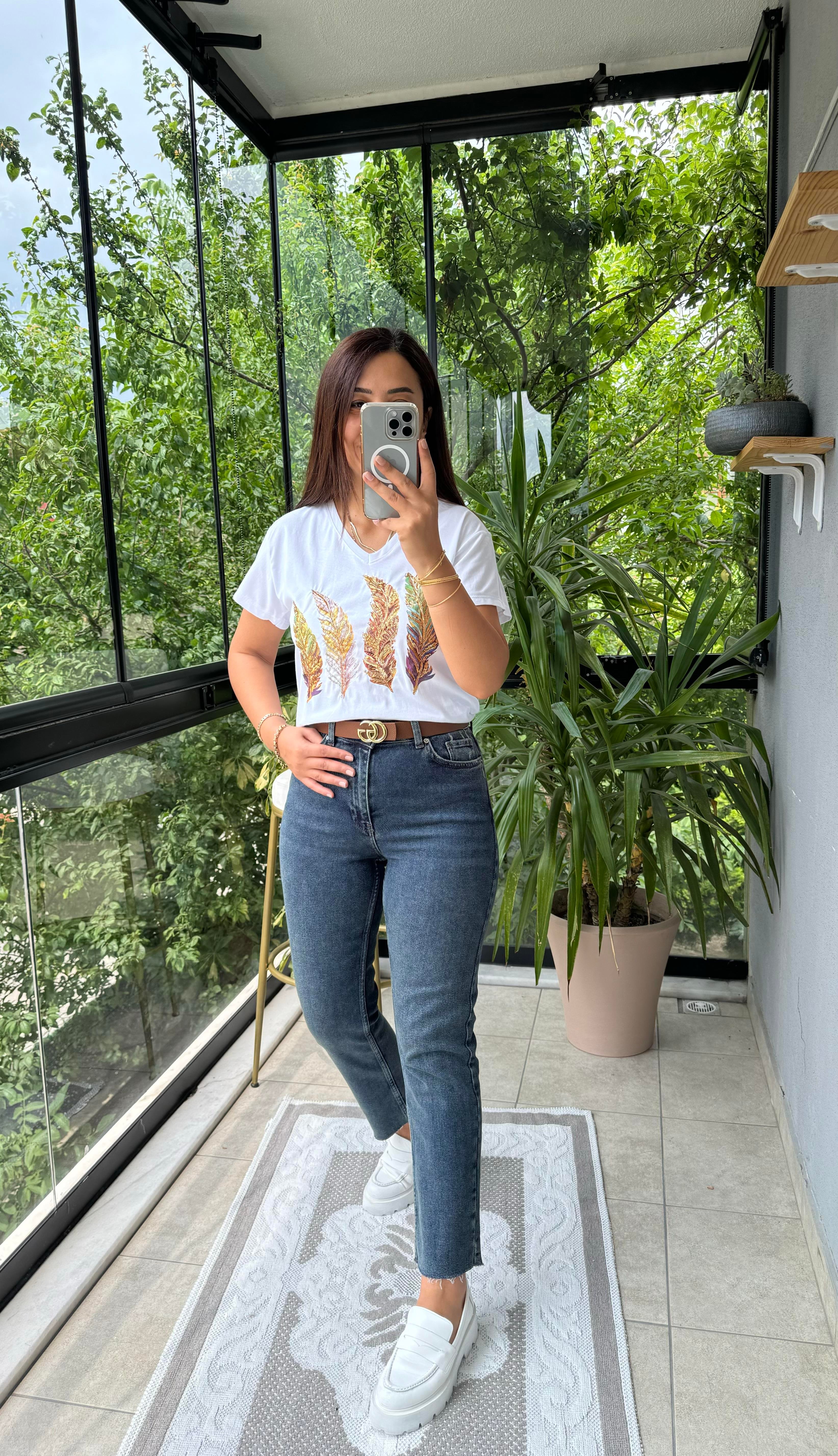 Pamuklu Tişört Renkli Tüylü