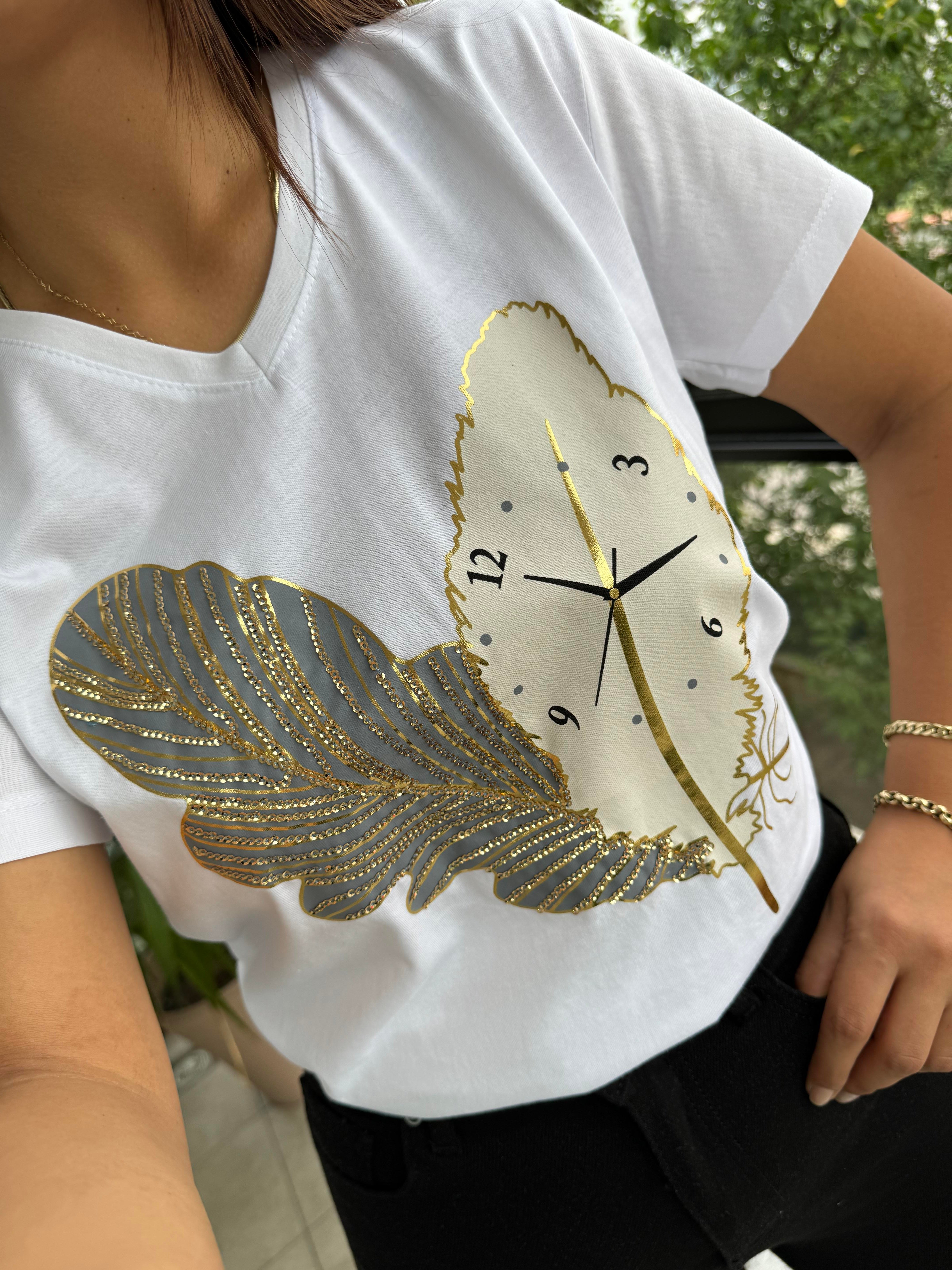 Pamuklu Tişört Saat Detaylı