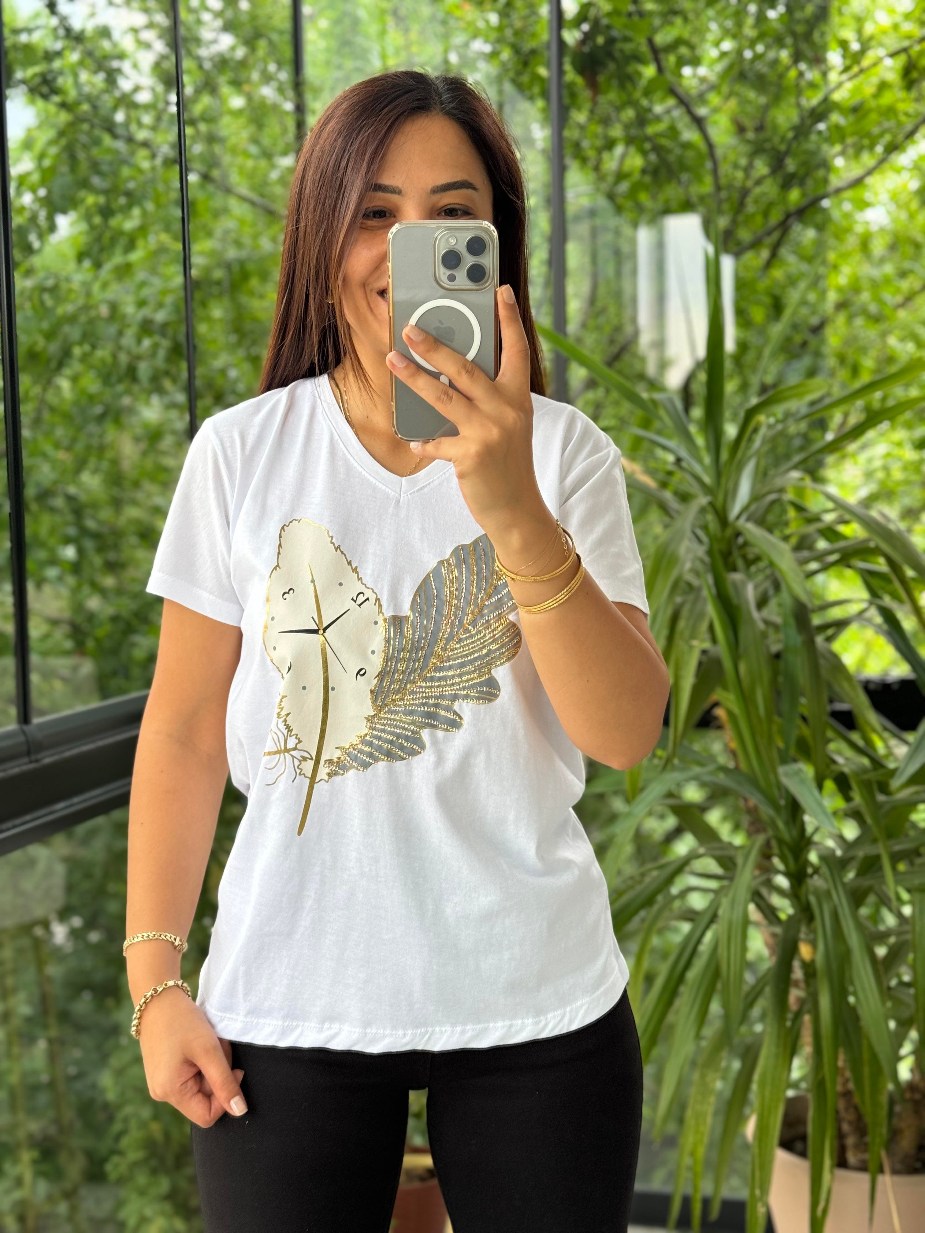 Pamuklu Tişört Saat Detaylı