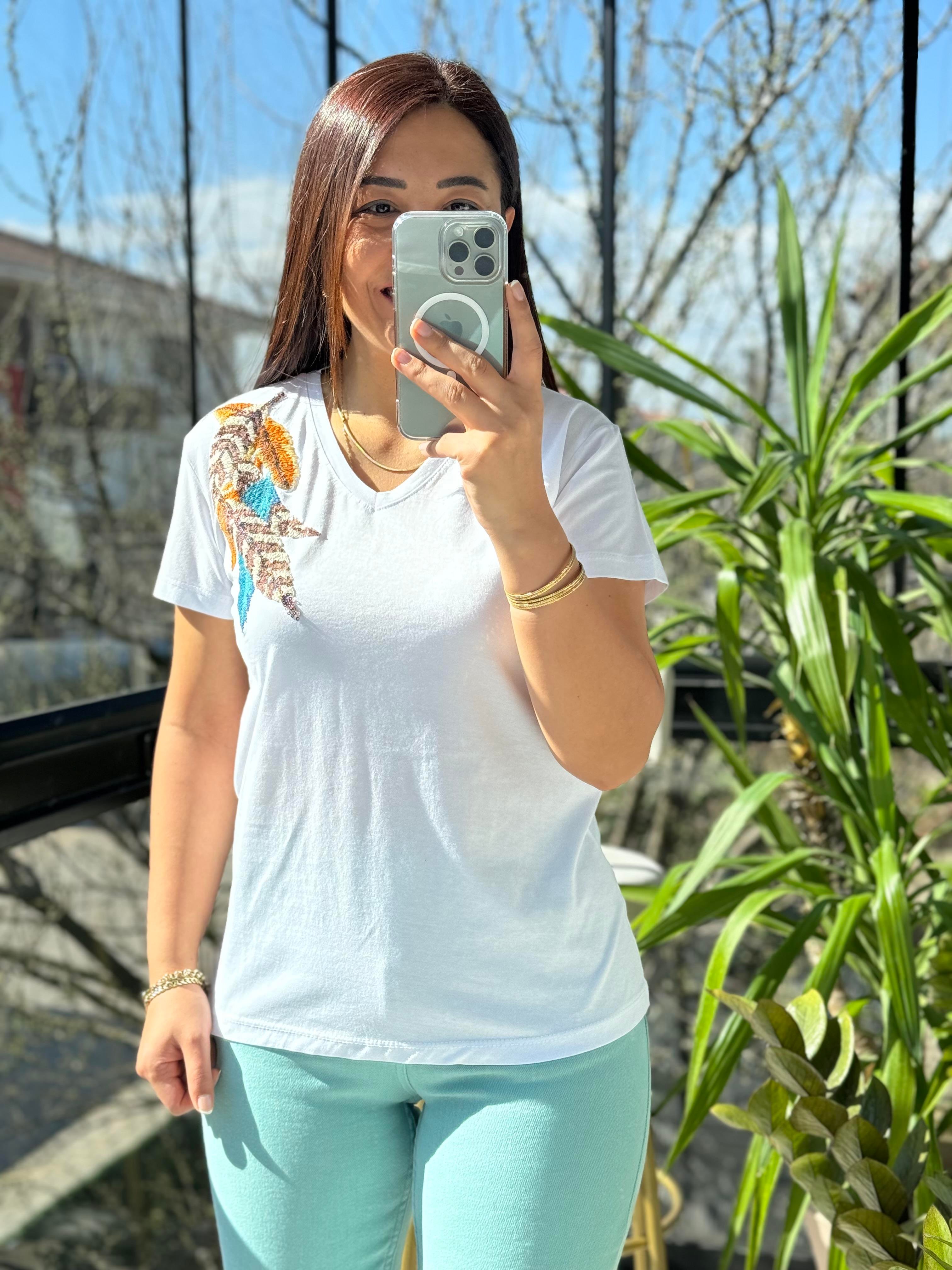 Pamuklu Tişört Tek Omuz Yapraklı