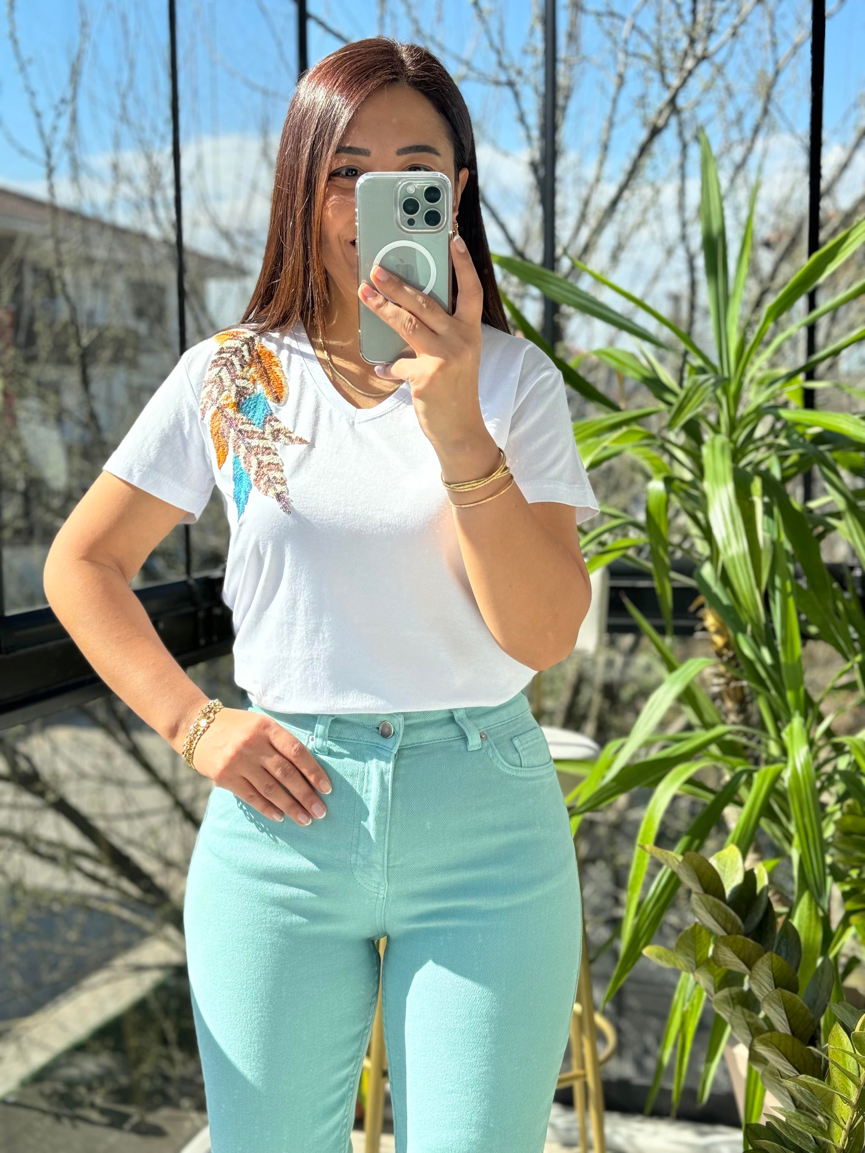 Pamuklu Tişört Tek Omuz Yapraklı