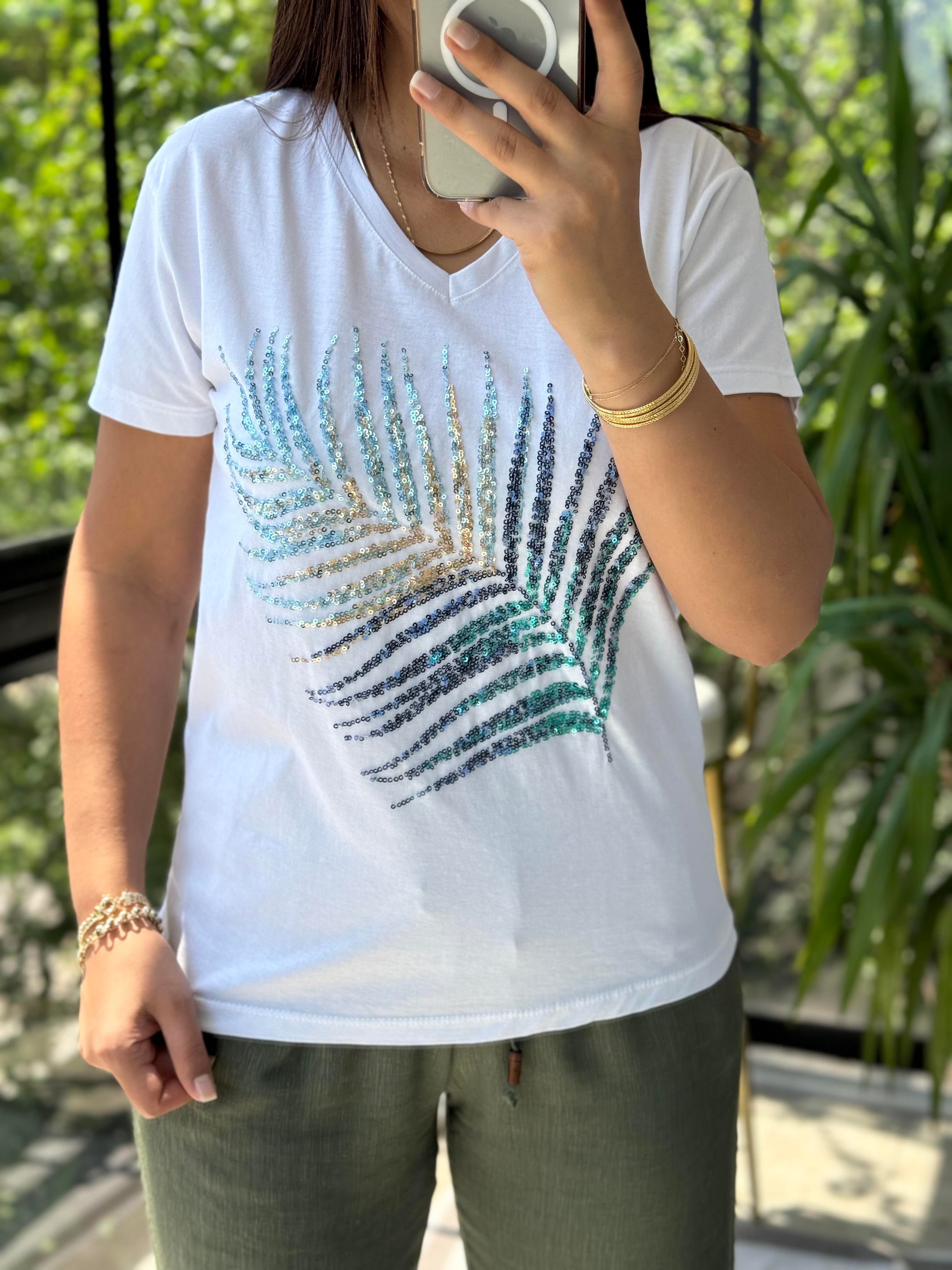 Pamuklu Tişört Yaprak Payetli