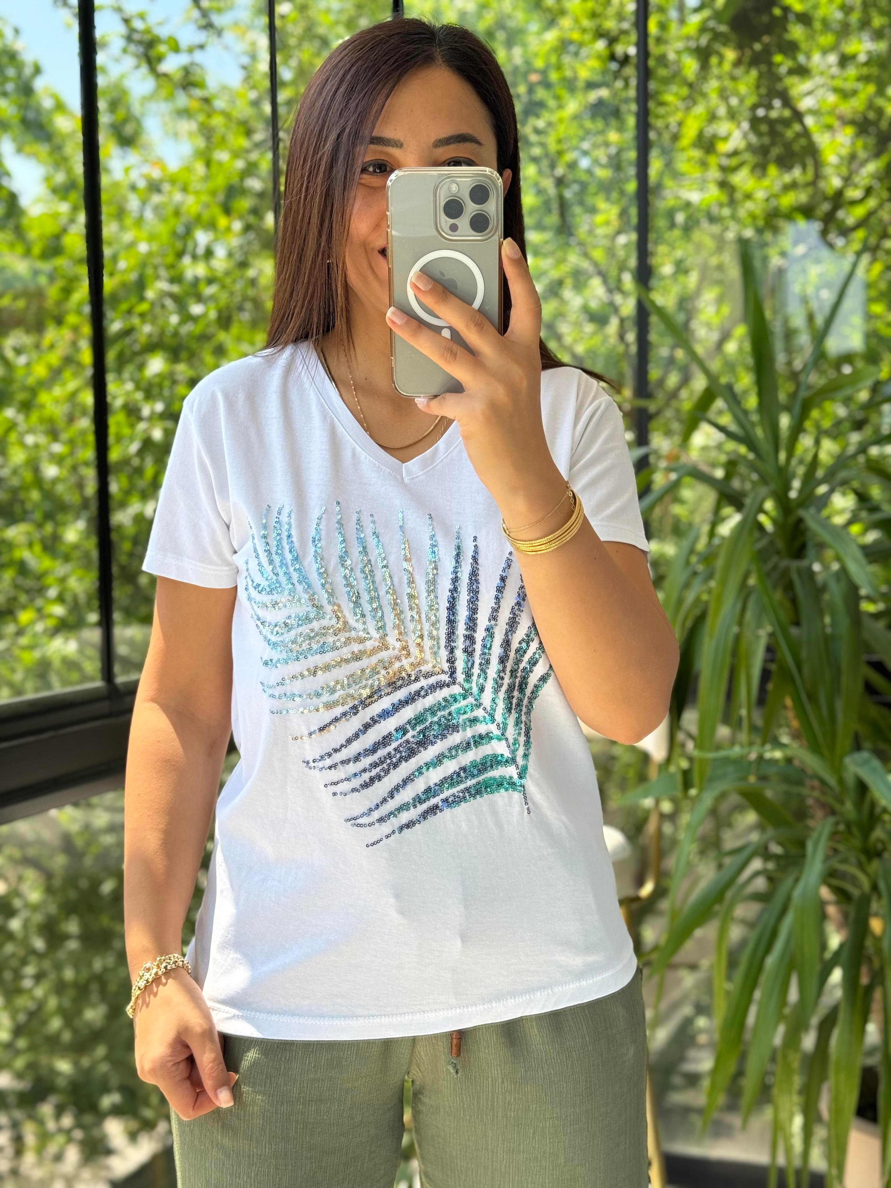 Pamuklu Tişört Yaprak Payetli