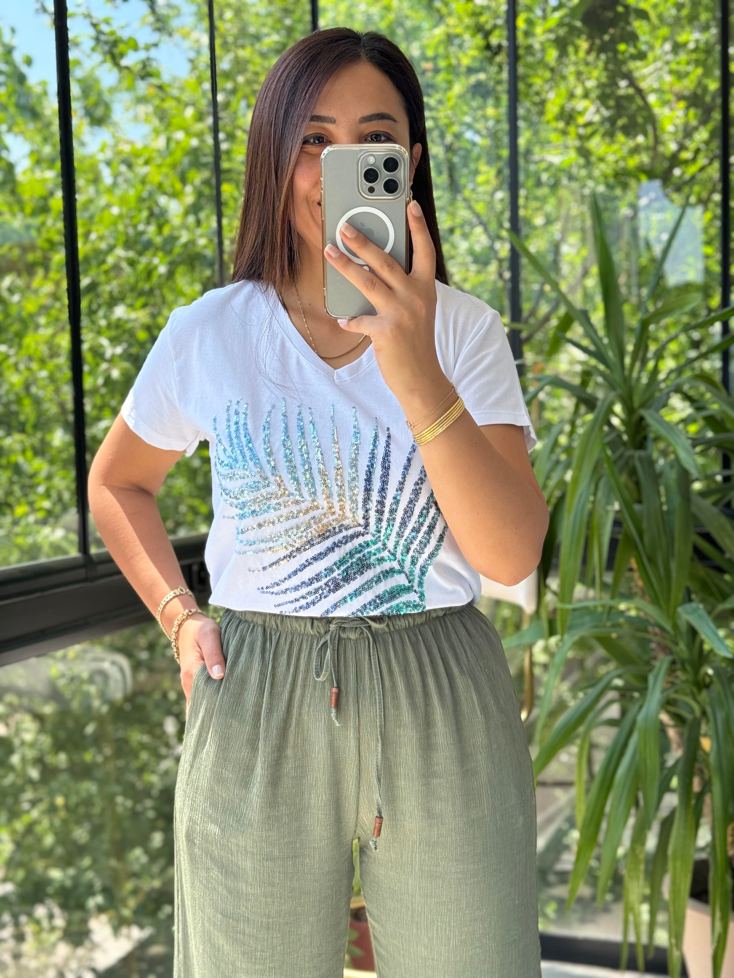 Pamuklu Tişört Yaprak Payetli