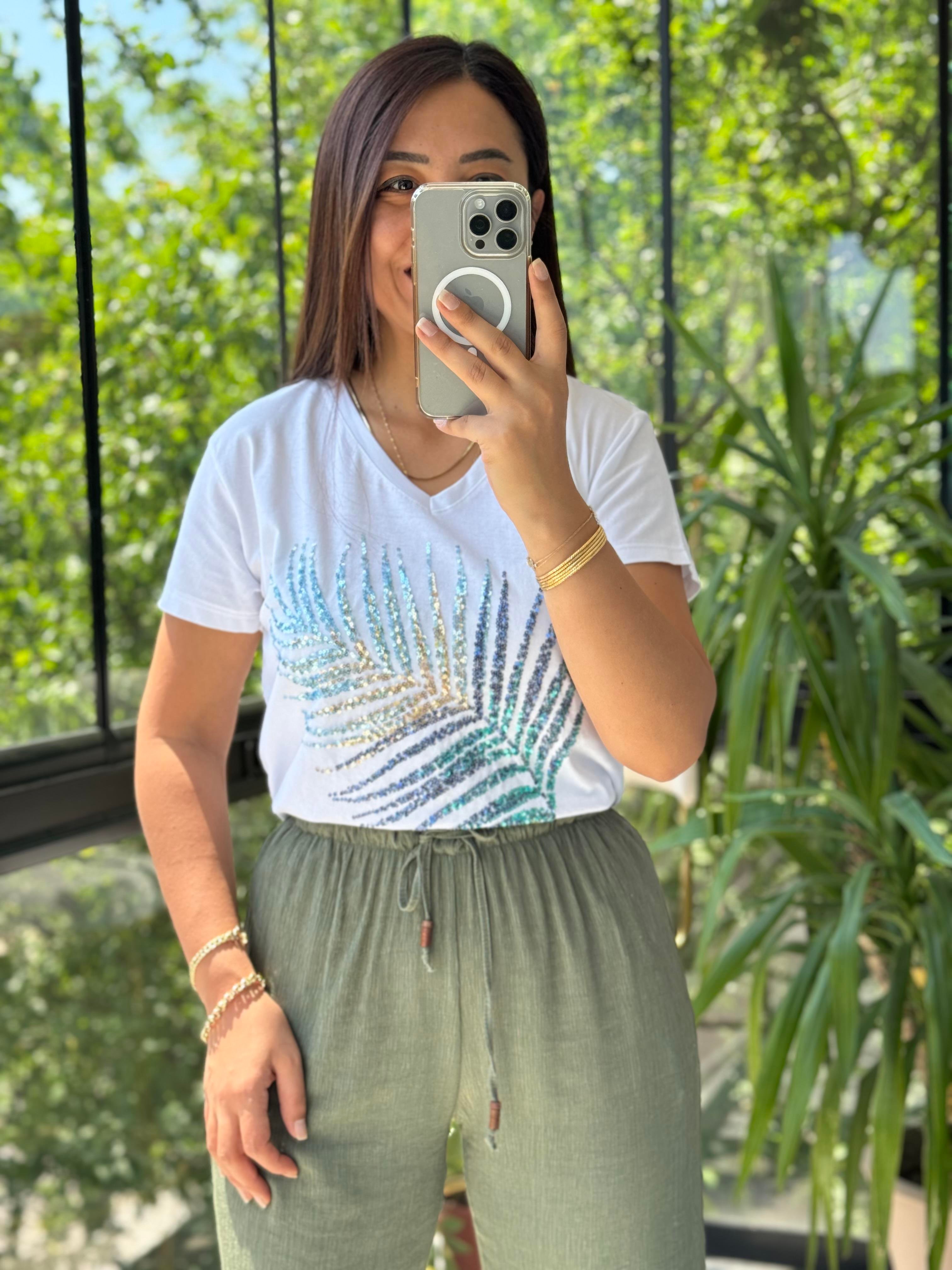 Pamuklu Tişört Yaprak Payetli