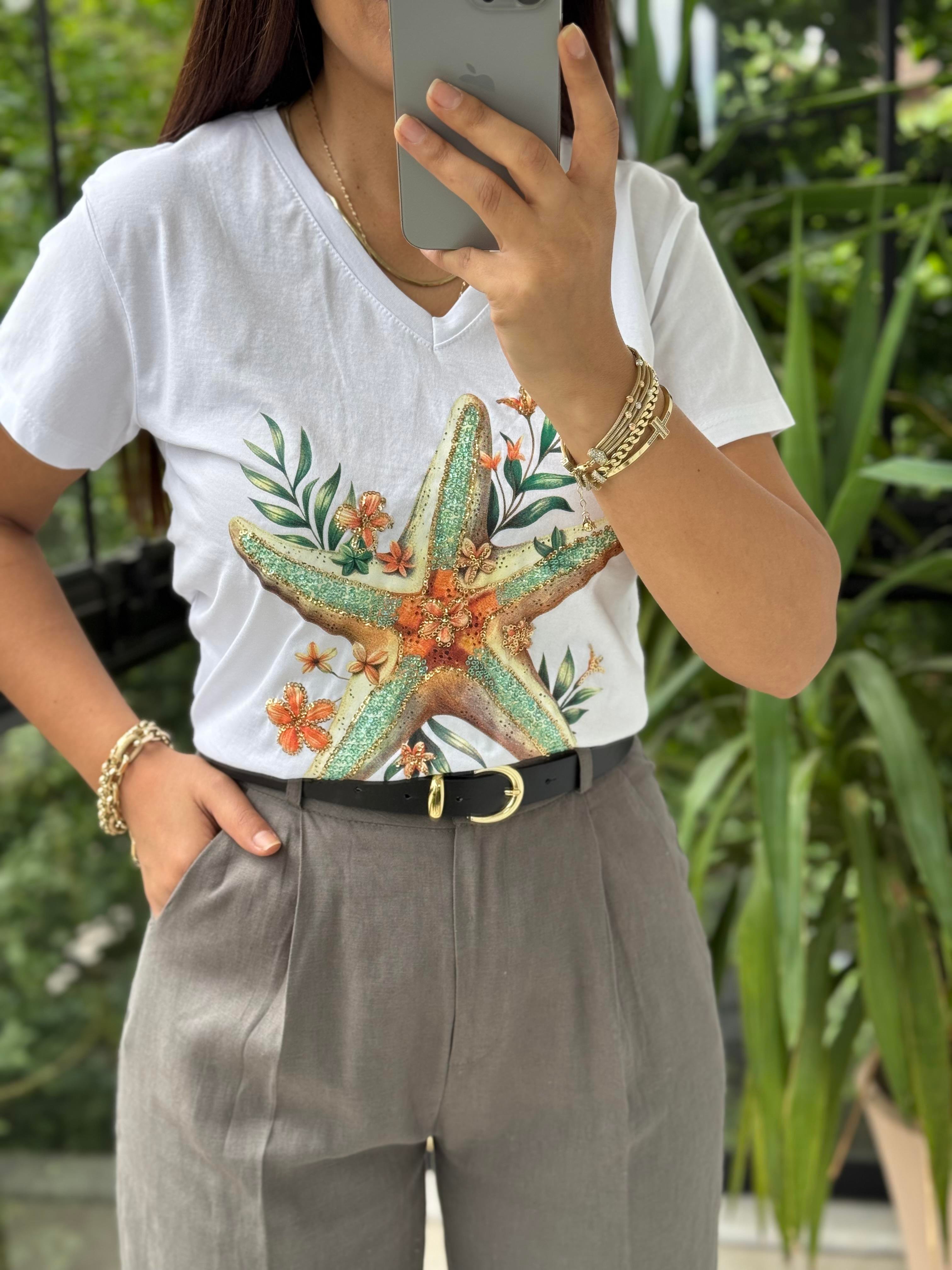 Pamuklu Tişört Yapraklı Yıldızlı