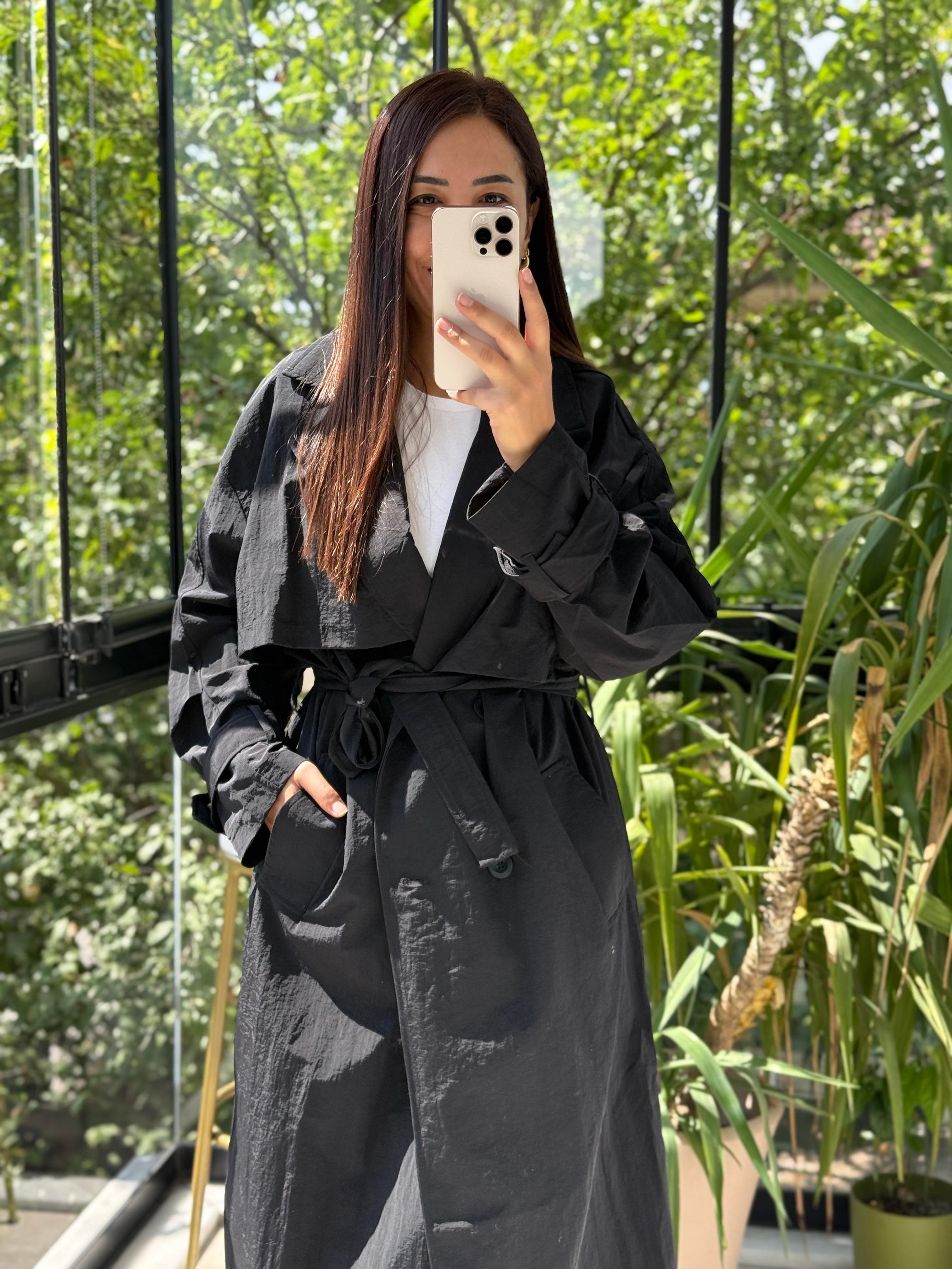 Paraşüt Kumaş Oversize Trenç Siyah