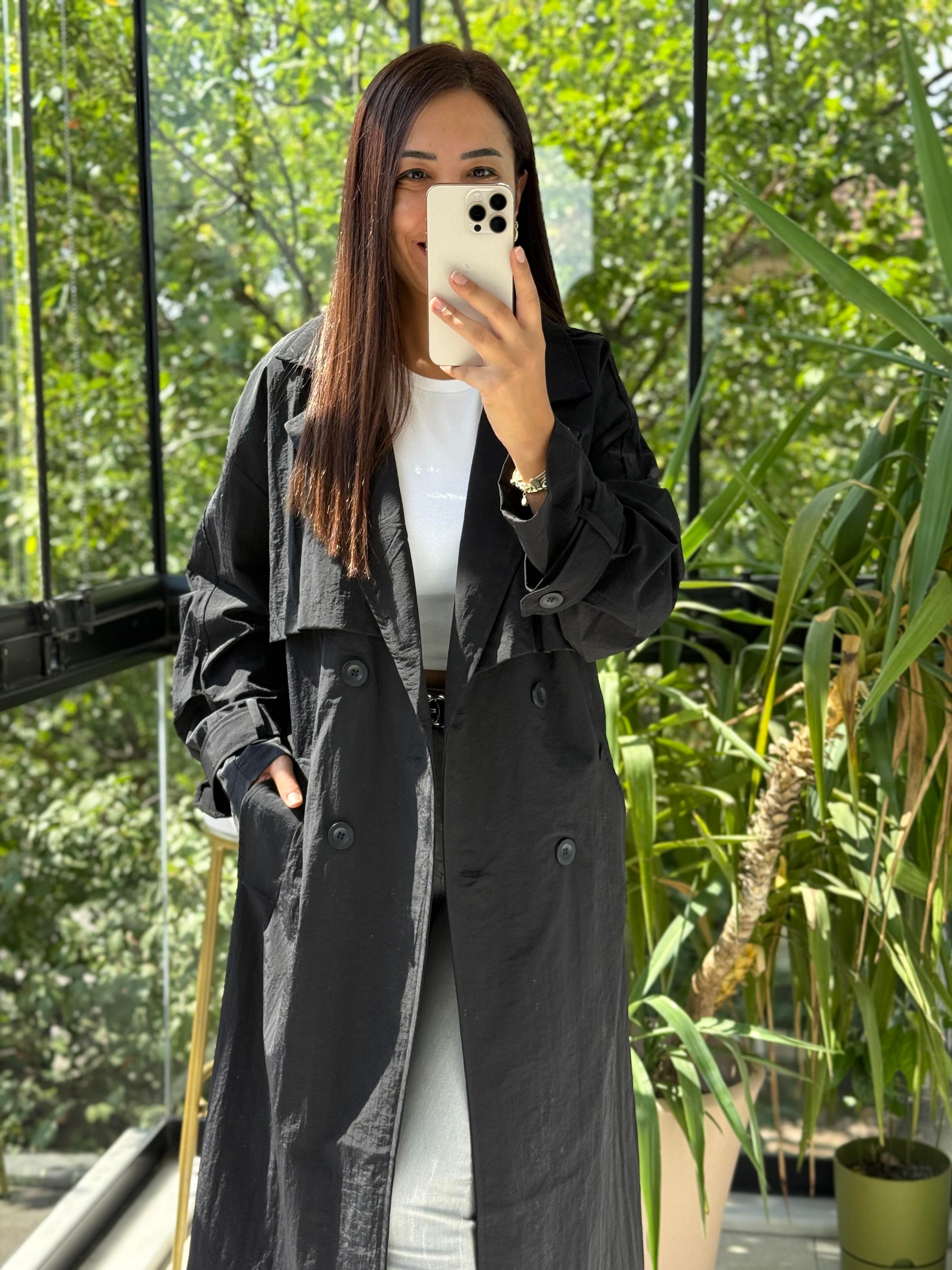 Paraşüt Kumaş Oversize Trenç Siyah