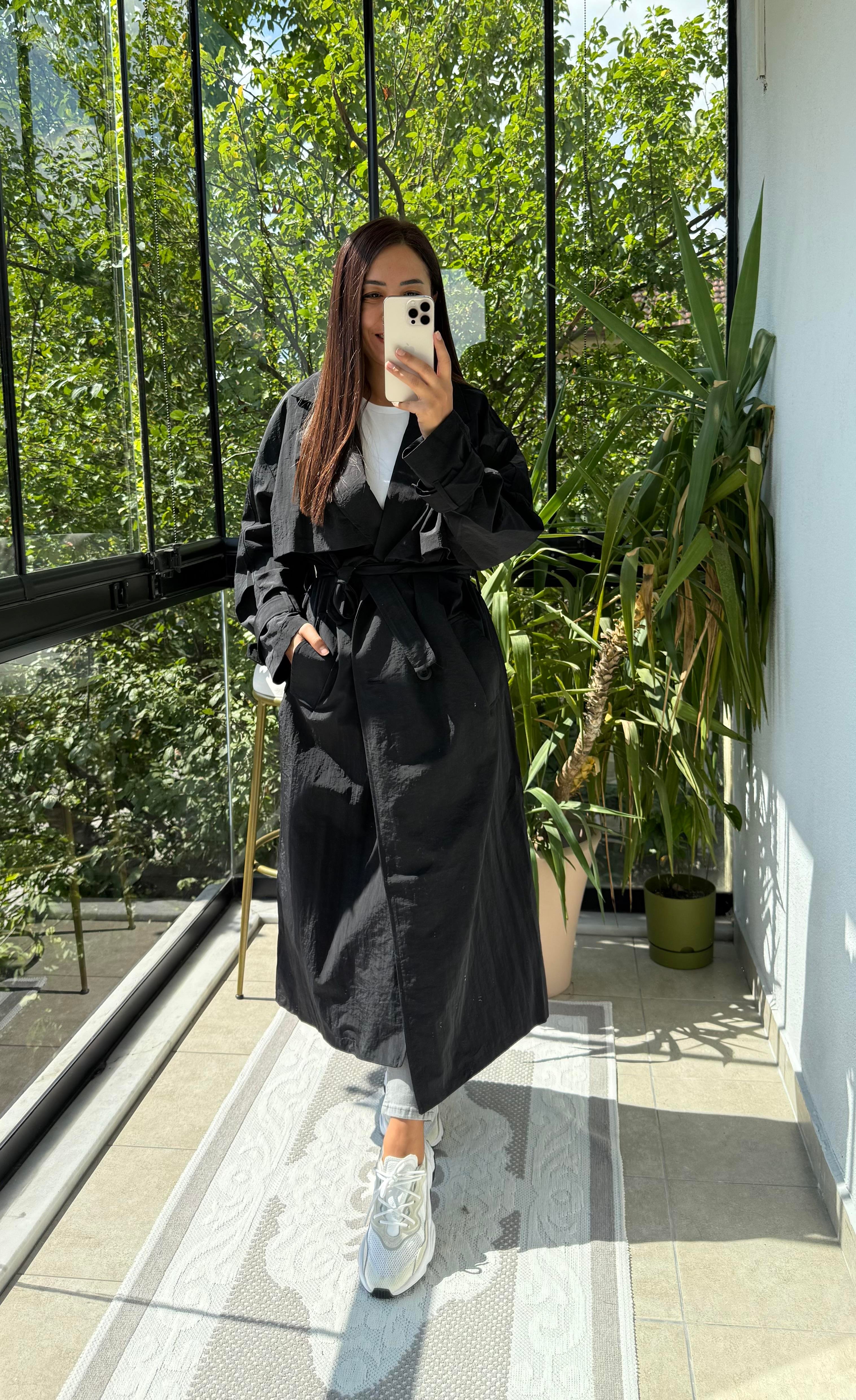 Paraşüt Kumaş Oversize Trenç Siyah