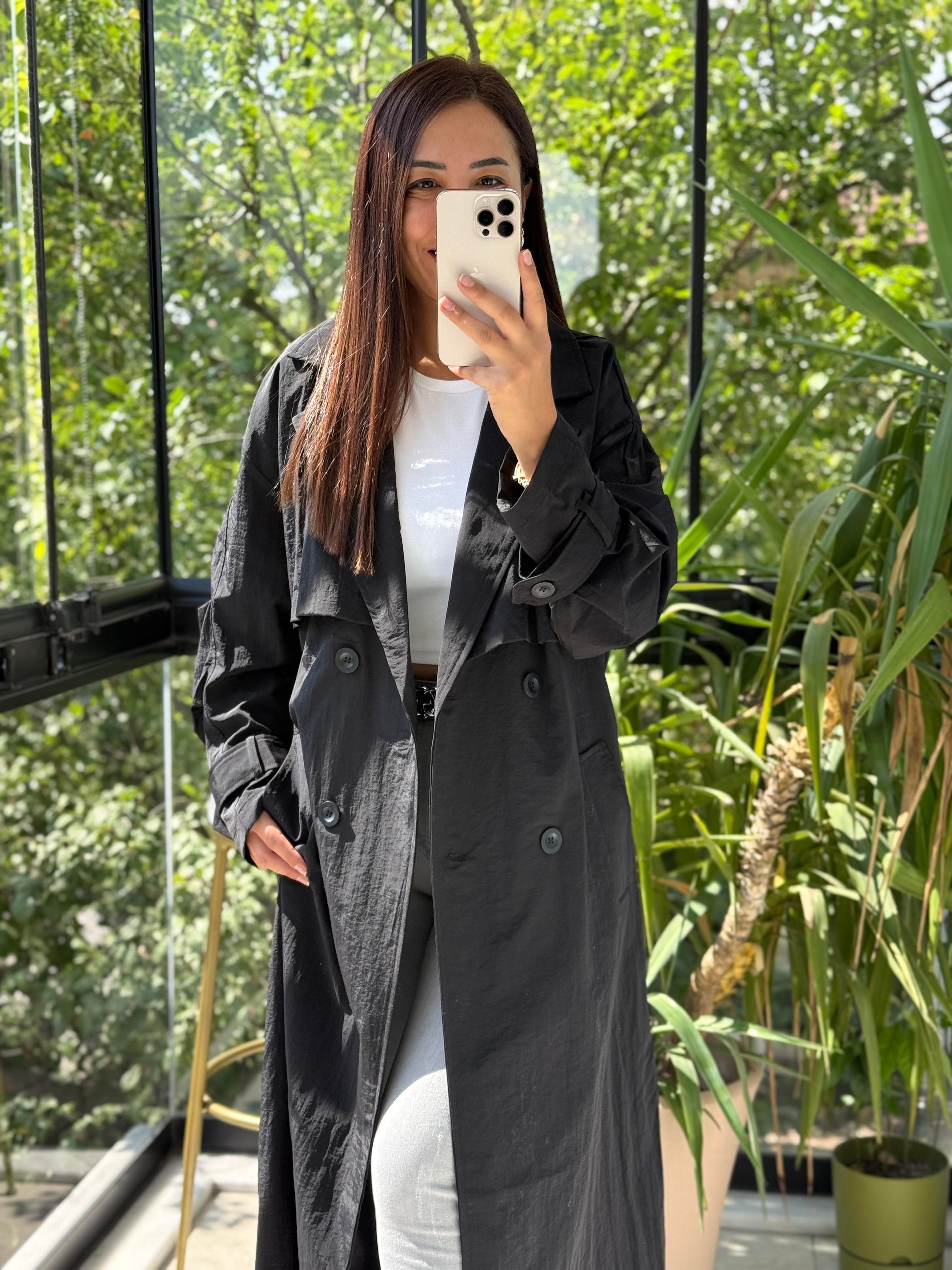 Paraşüt Kumaş Oversize Trenç Siyah