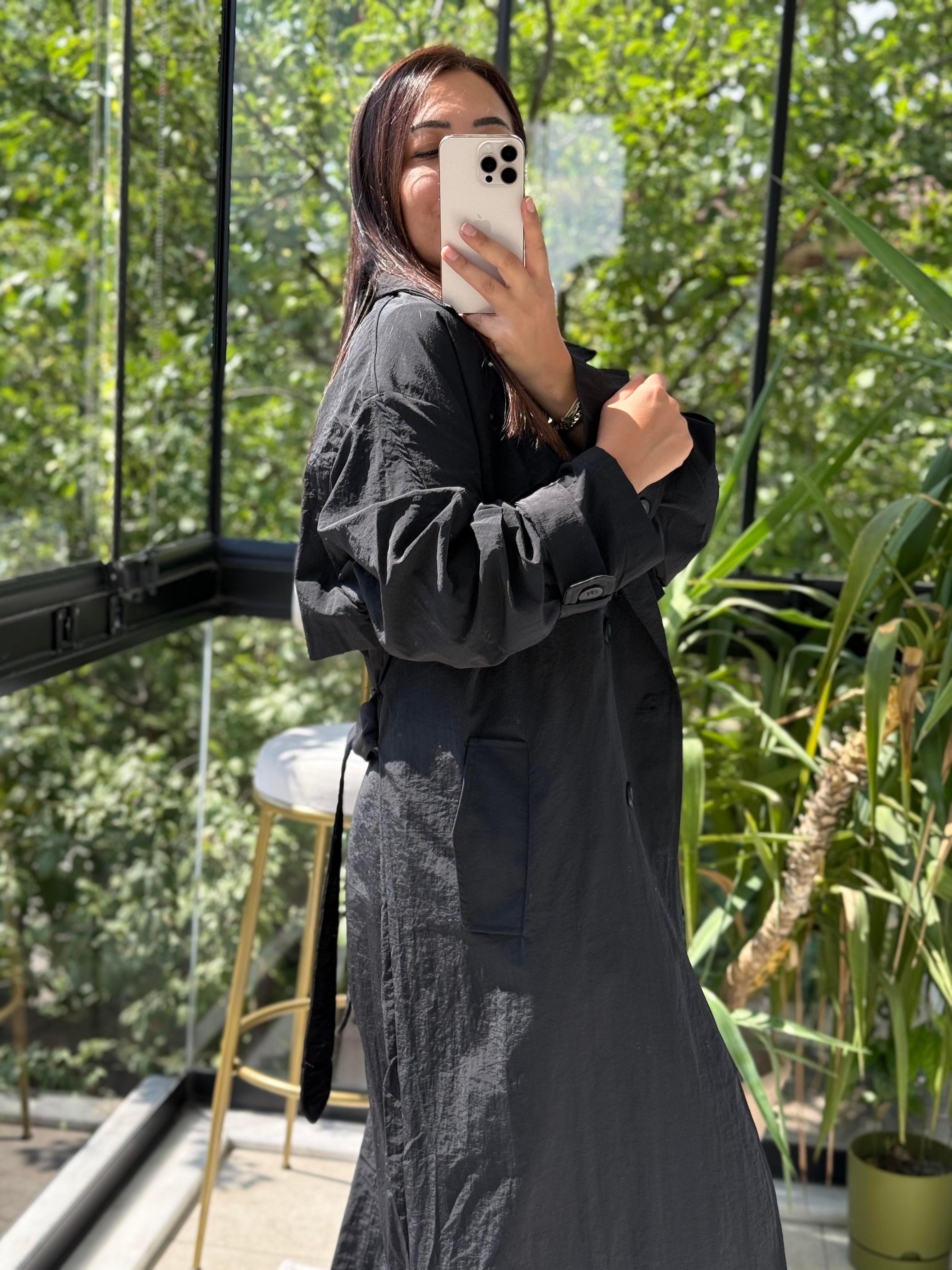 Paraşüt Kumaş Oversize Trenç Siyah