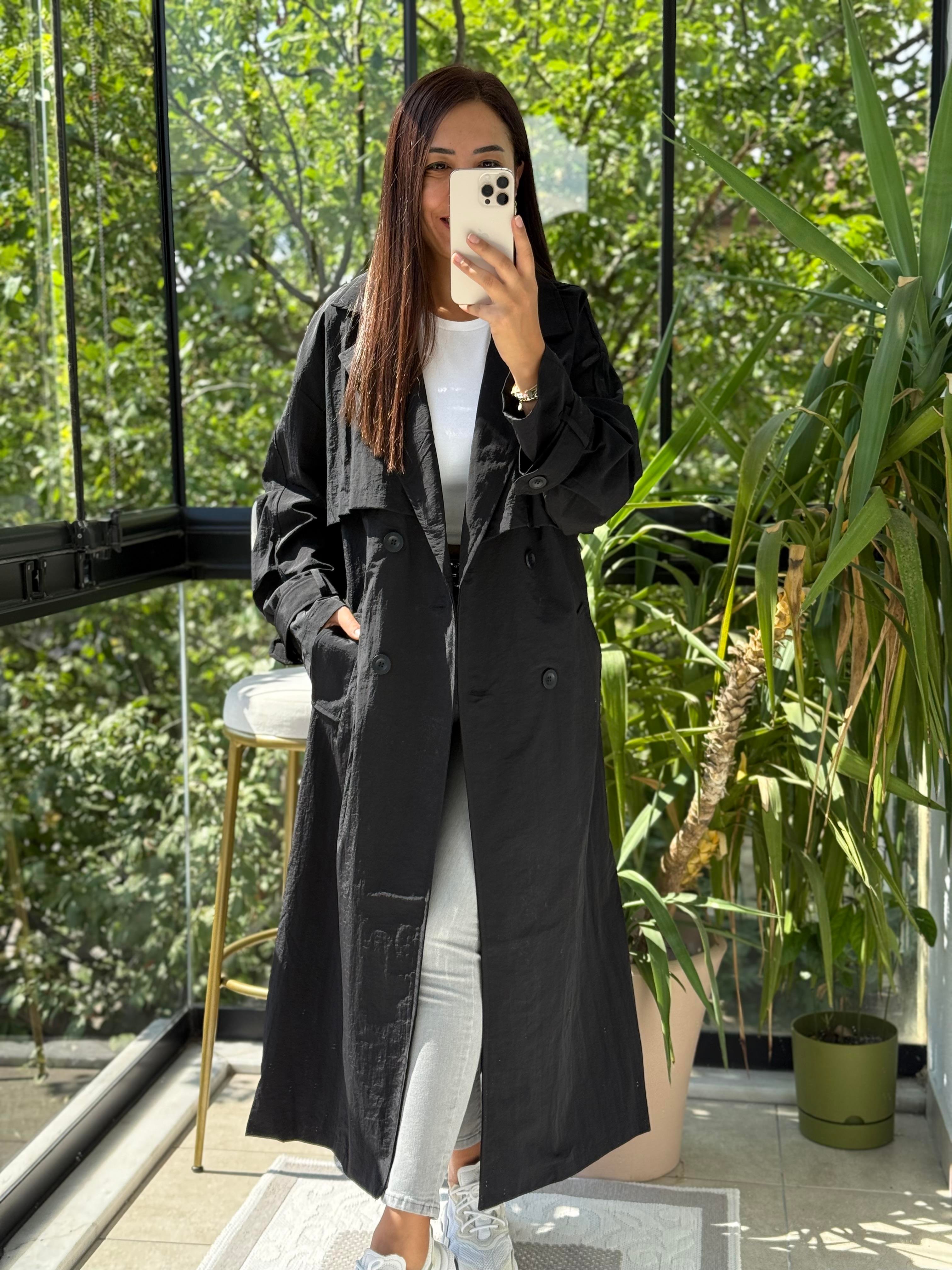 Paraşüt Kumaş Oversize Trenç Siyah