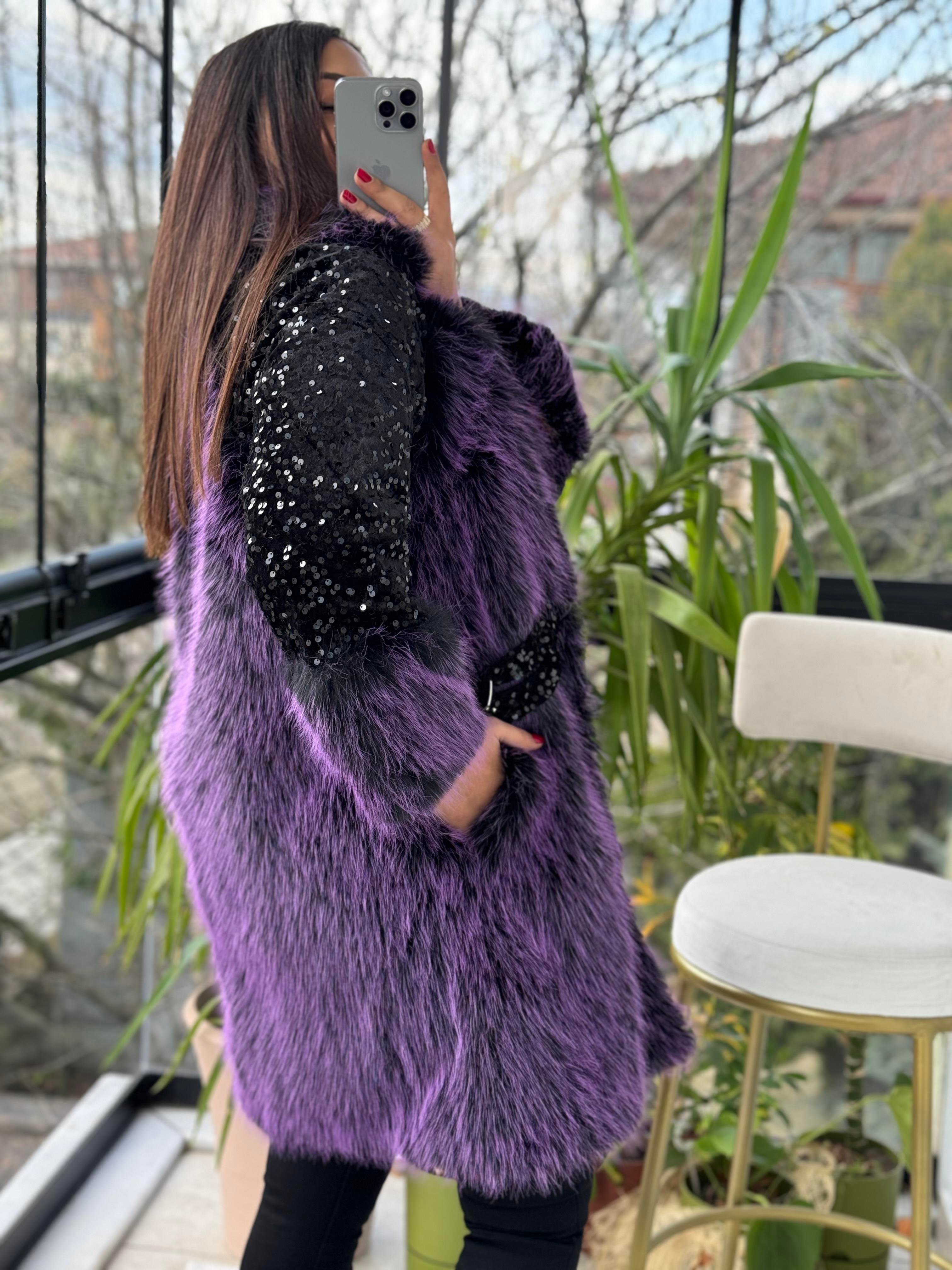 Payetli Kemer Detaylı Kürk Mont Mor