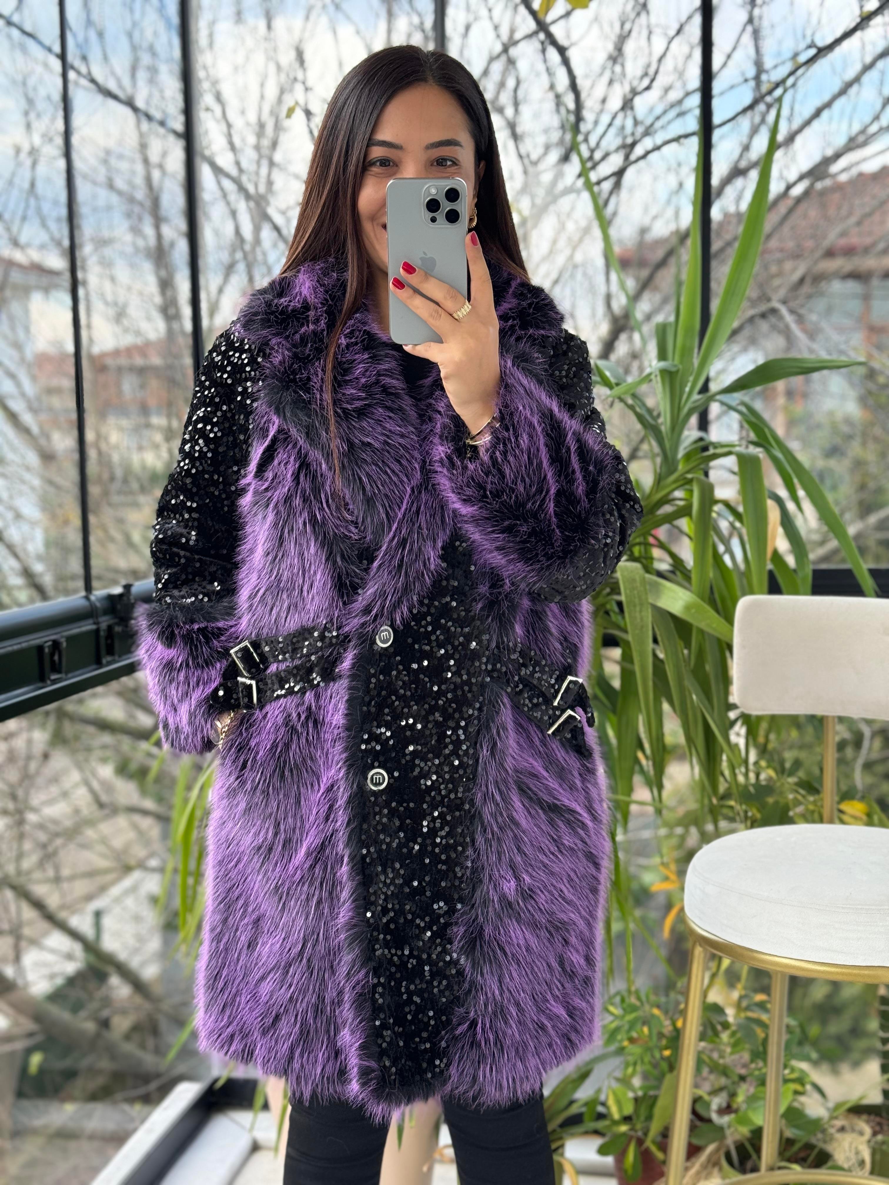 Payetli Kemer Detaylı Kürk Mont Mor