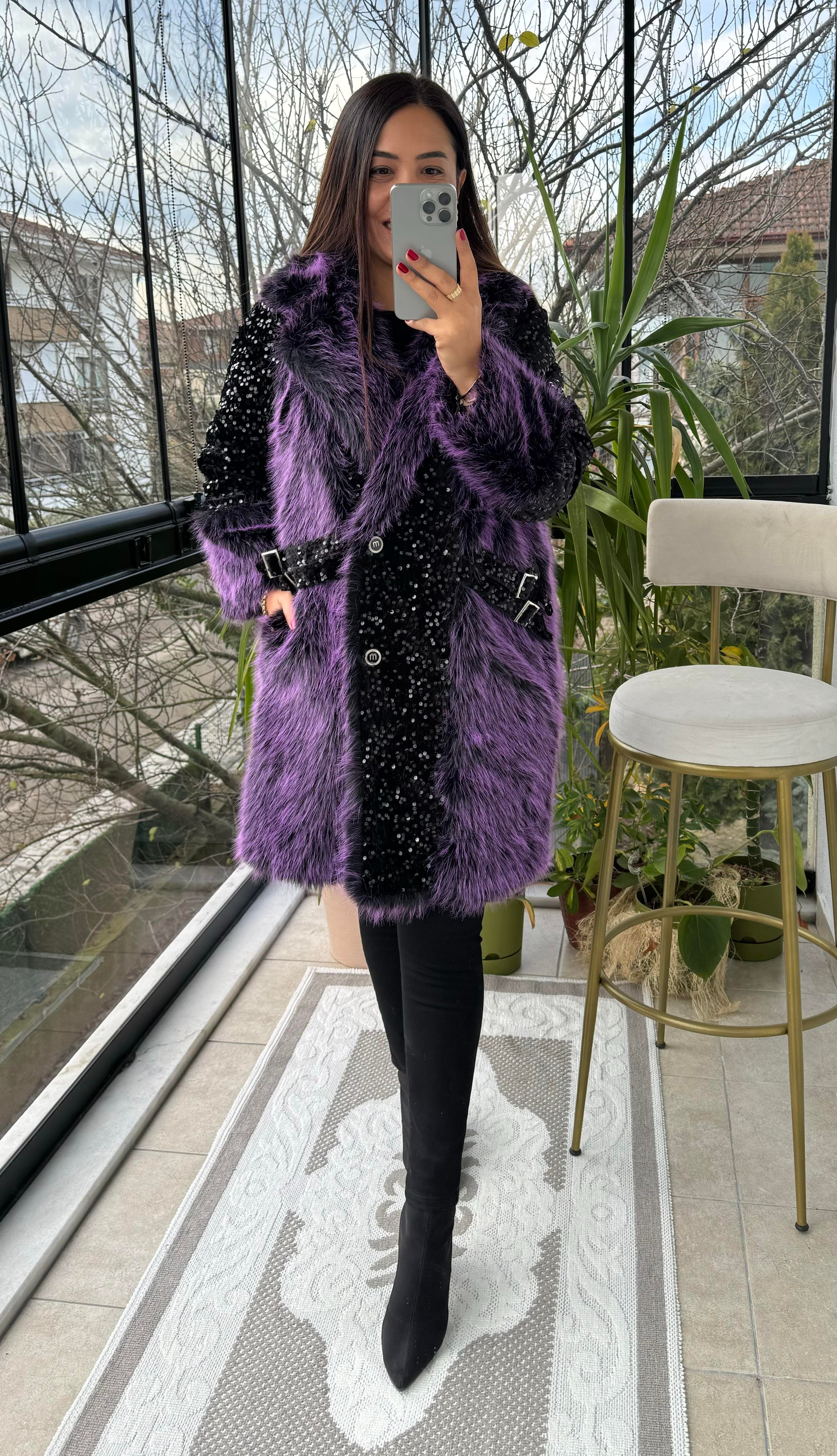 Payetli Kemer Detaylı Kürk Mont Mor