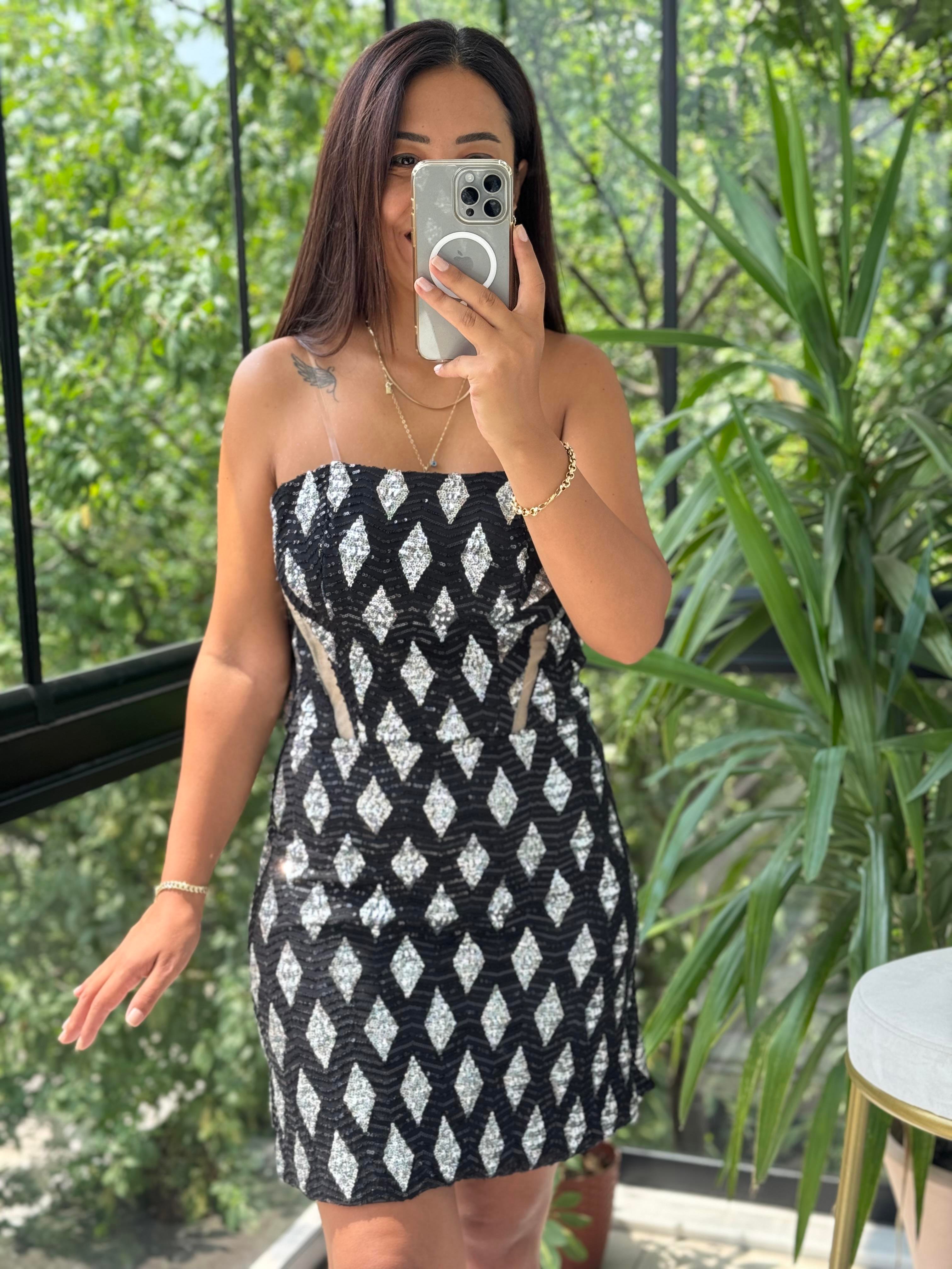 Payetli Mini Abiye Elbise Siyah