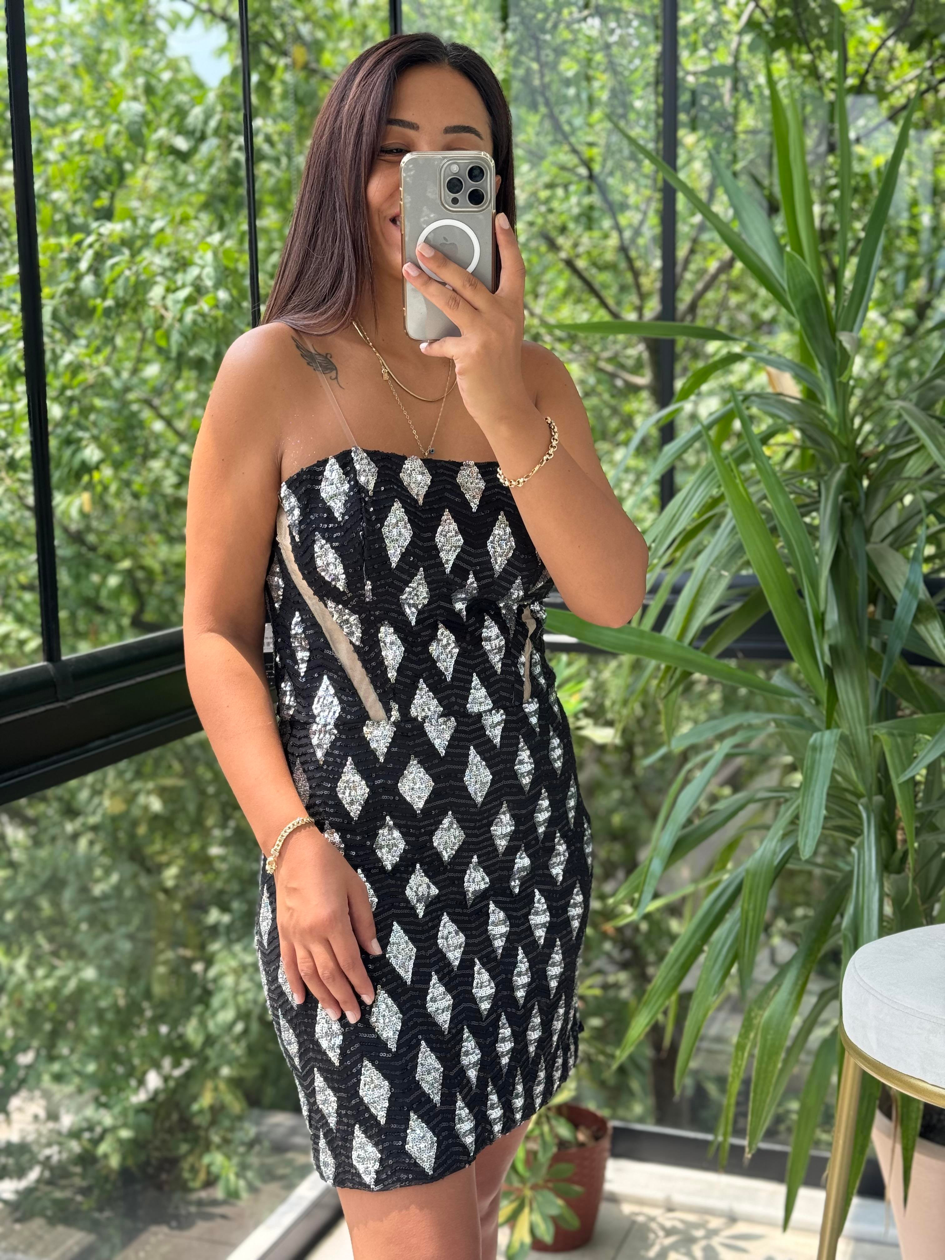 Payetli Mini Abiye Elbise Siyah