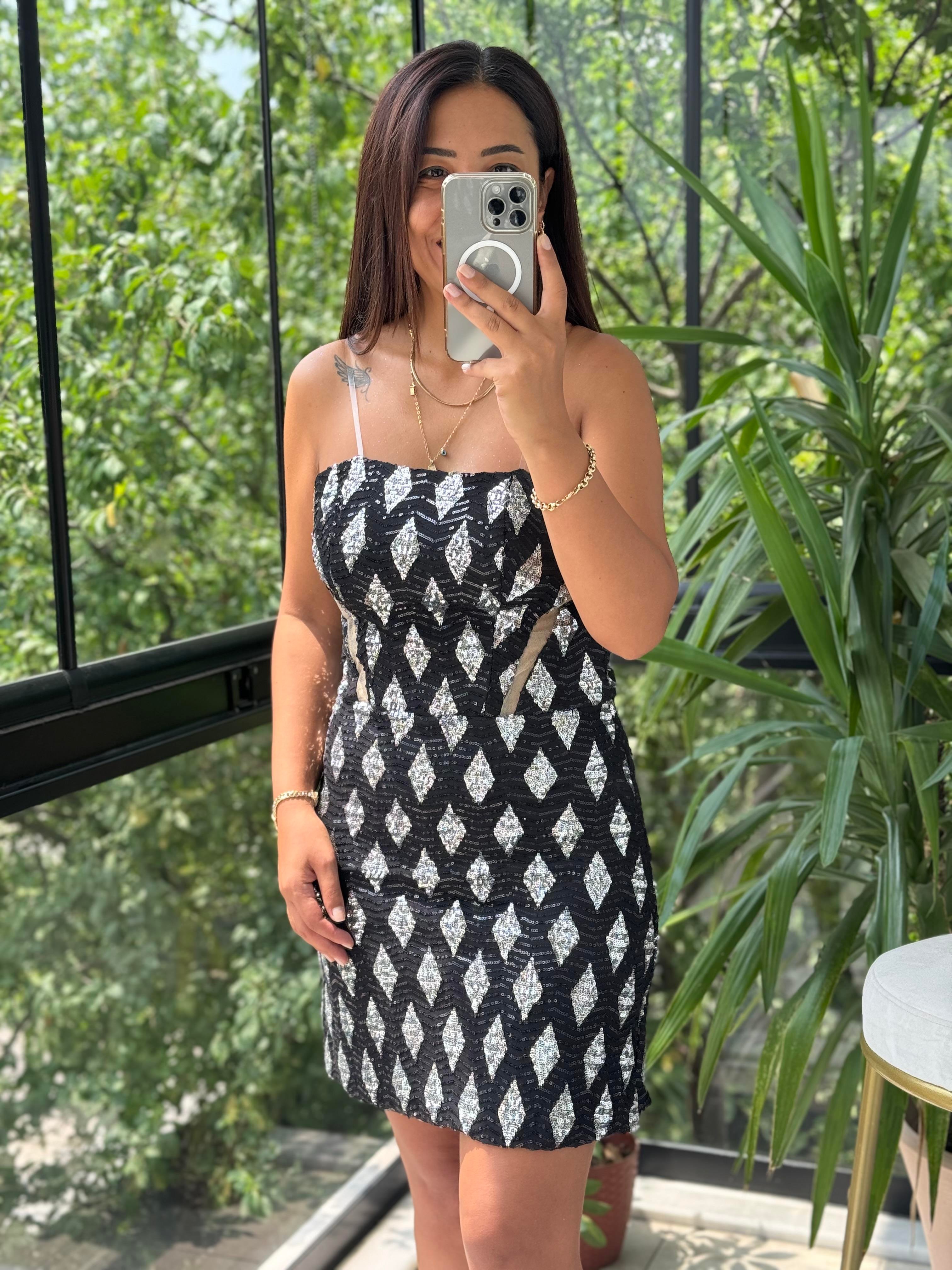 Payetli Mini Abiye Elbise Siyah