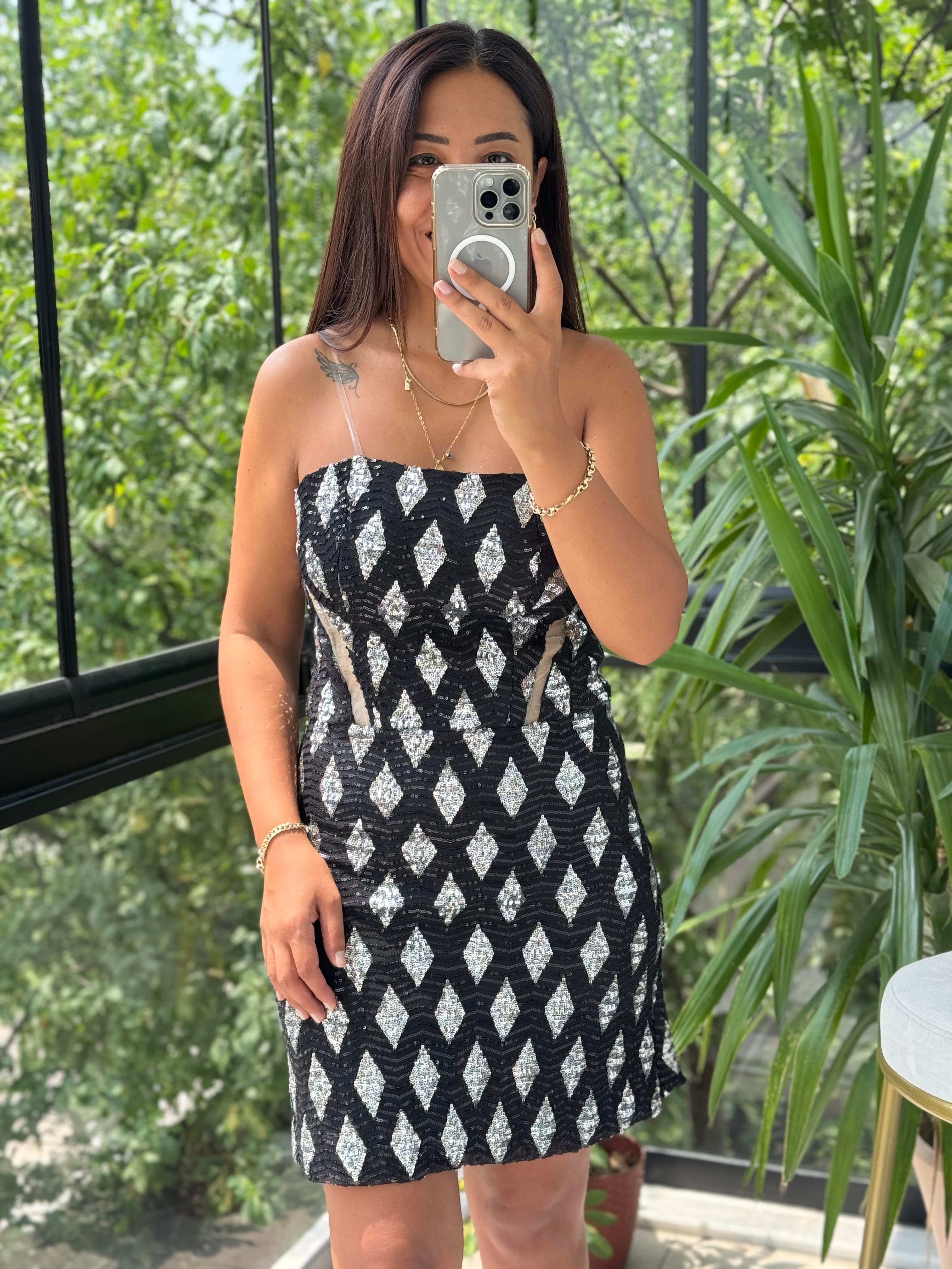 Payetli Mini Abiye Elbise Siyah