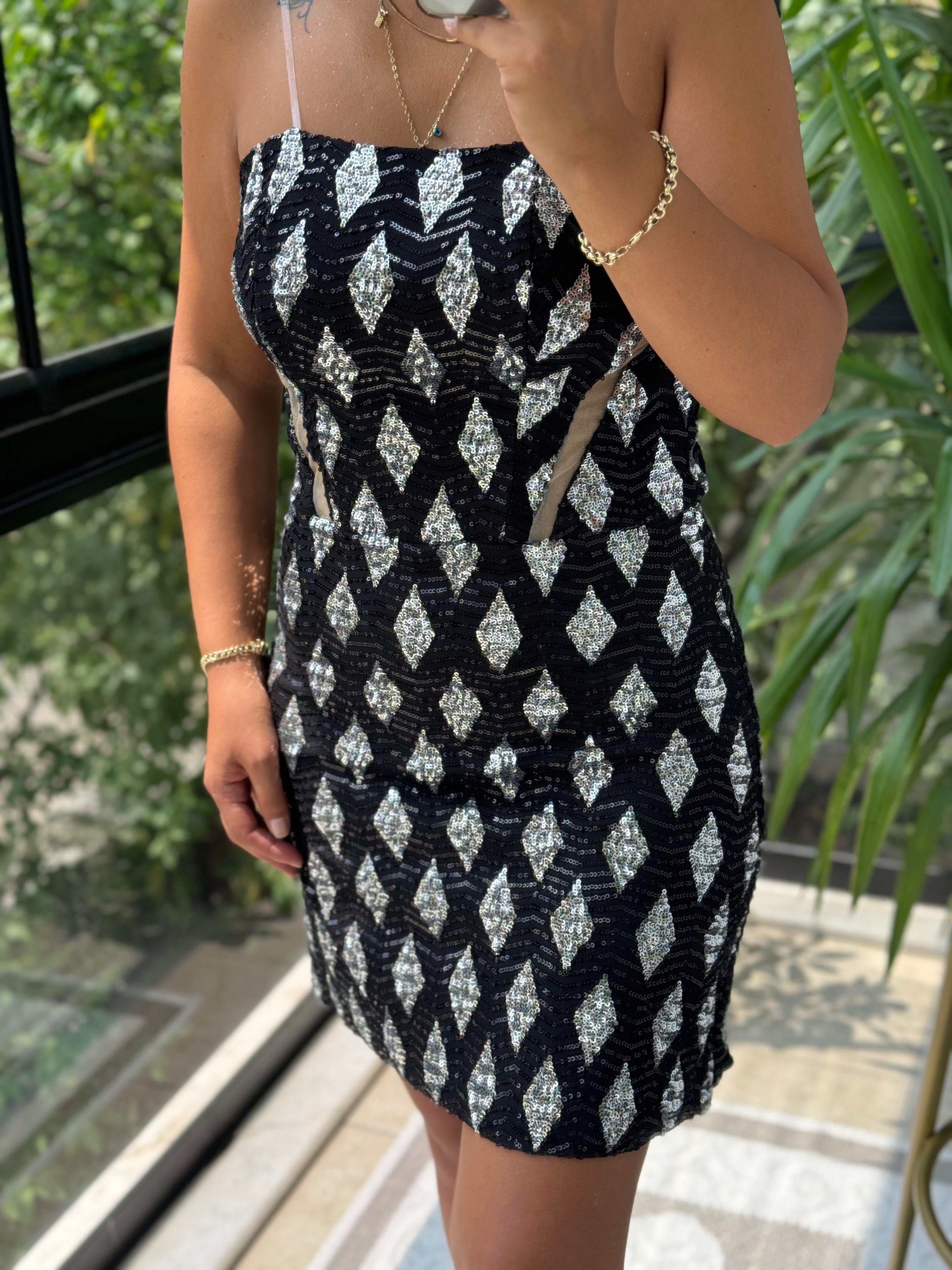 Payetli Mini Abiye Elbise Siyah