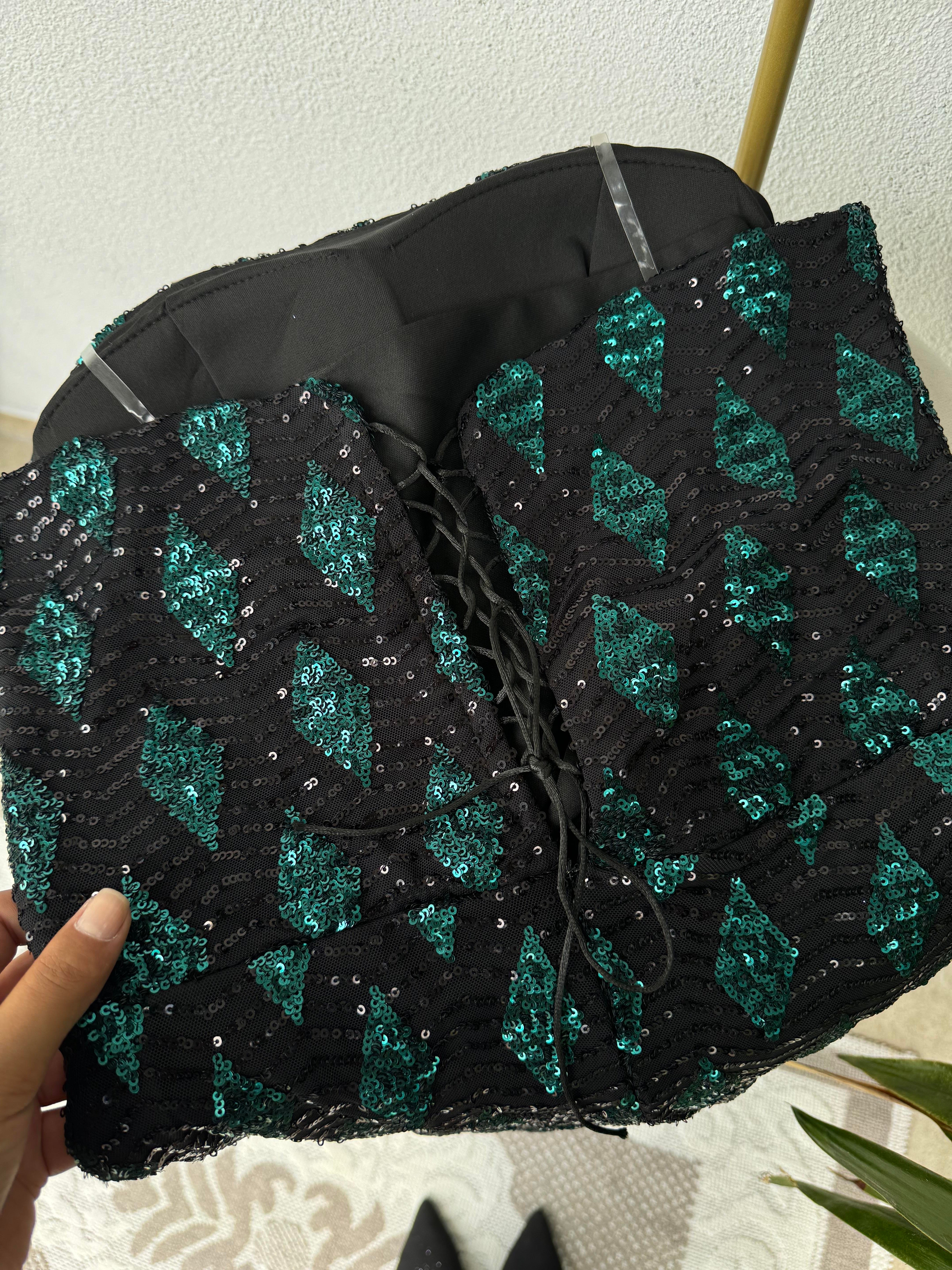 Payetli Mini Abiye Elbise Zümrüt