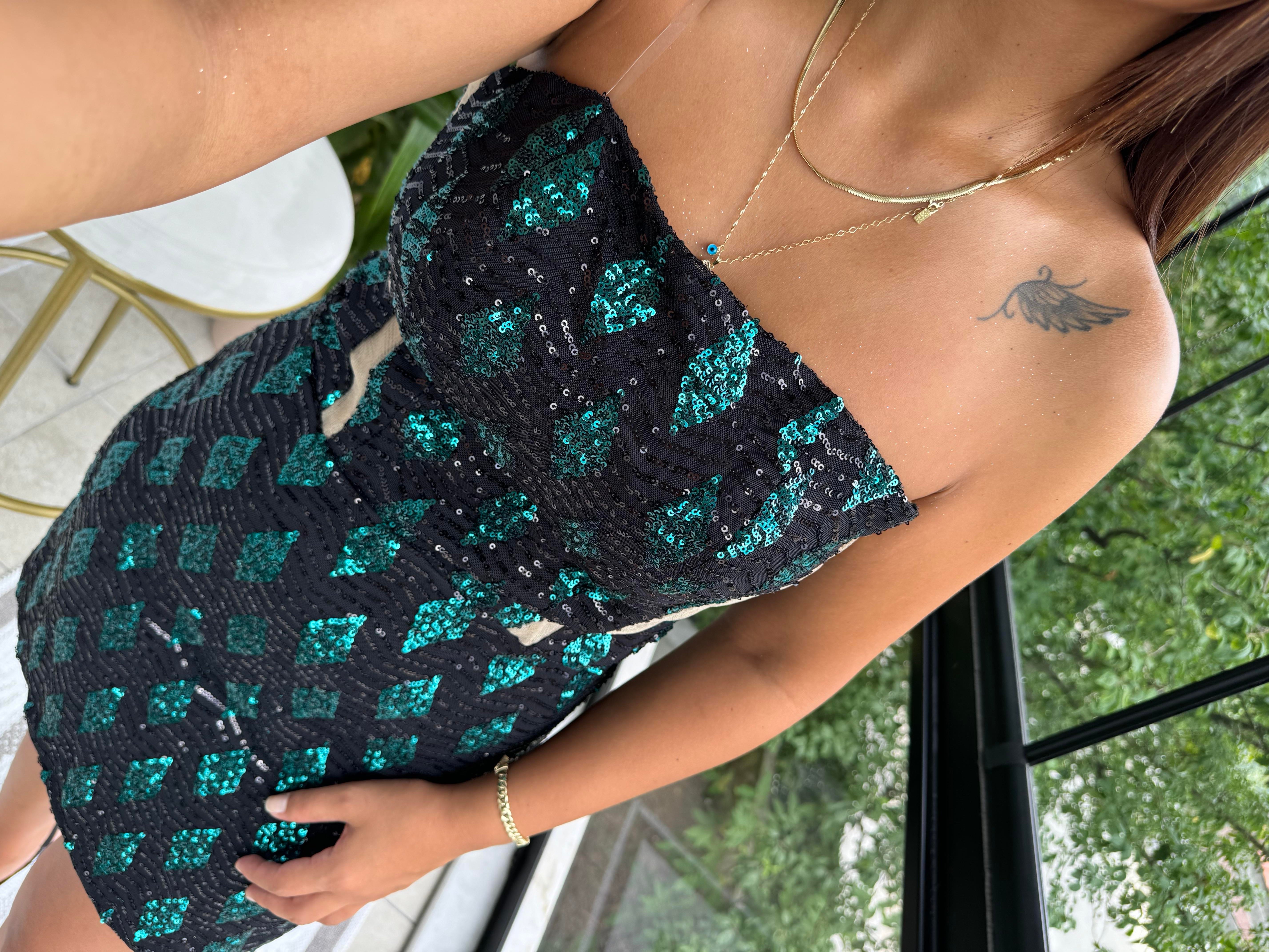 Payetli Mini Abiye Elbise Zümrüt