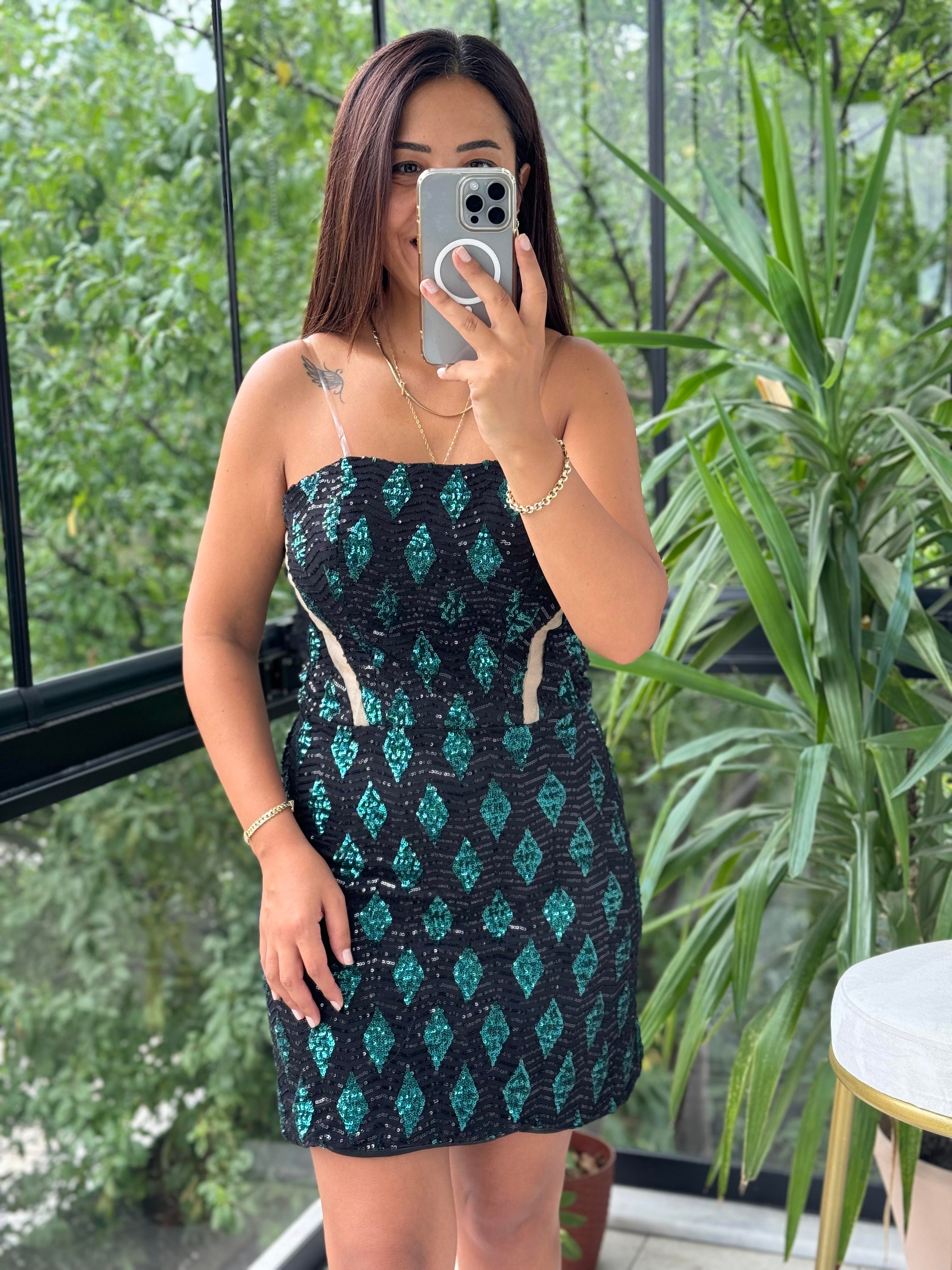 Payetli Mini Abiye Elbise Zümrüt