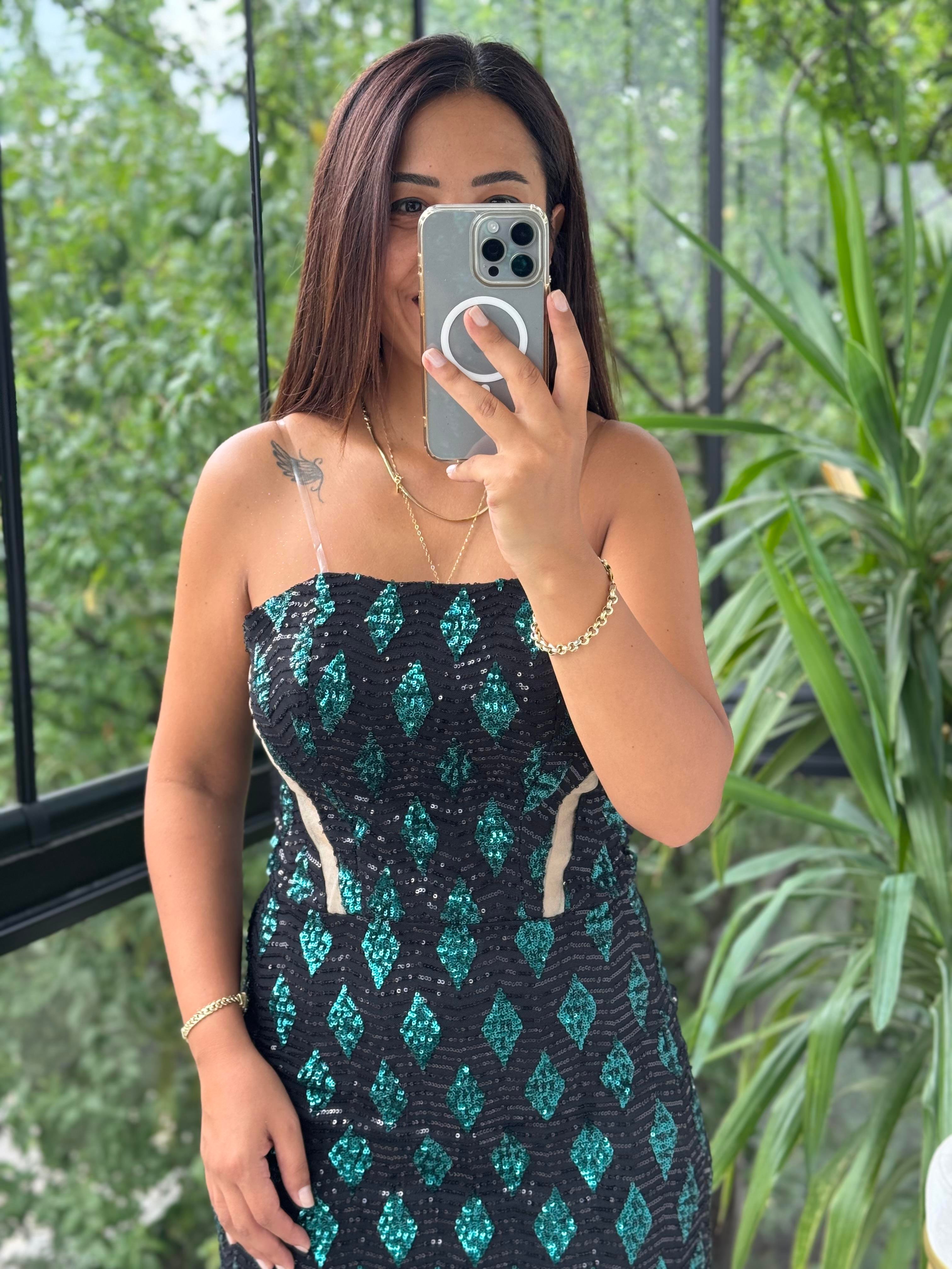 Payetli Mini Abiye Elbise Zümrüt