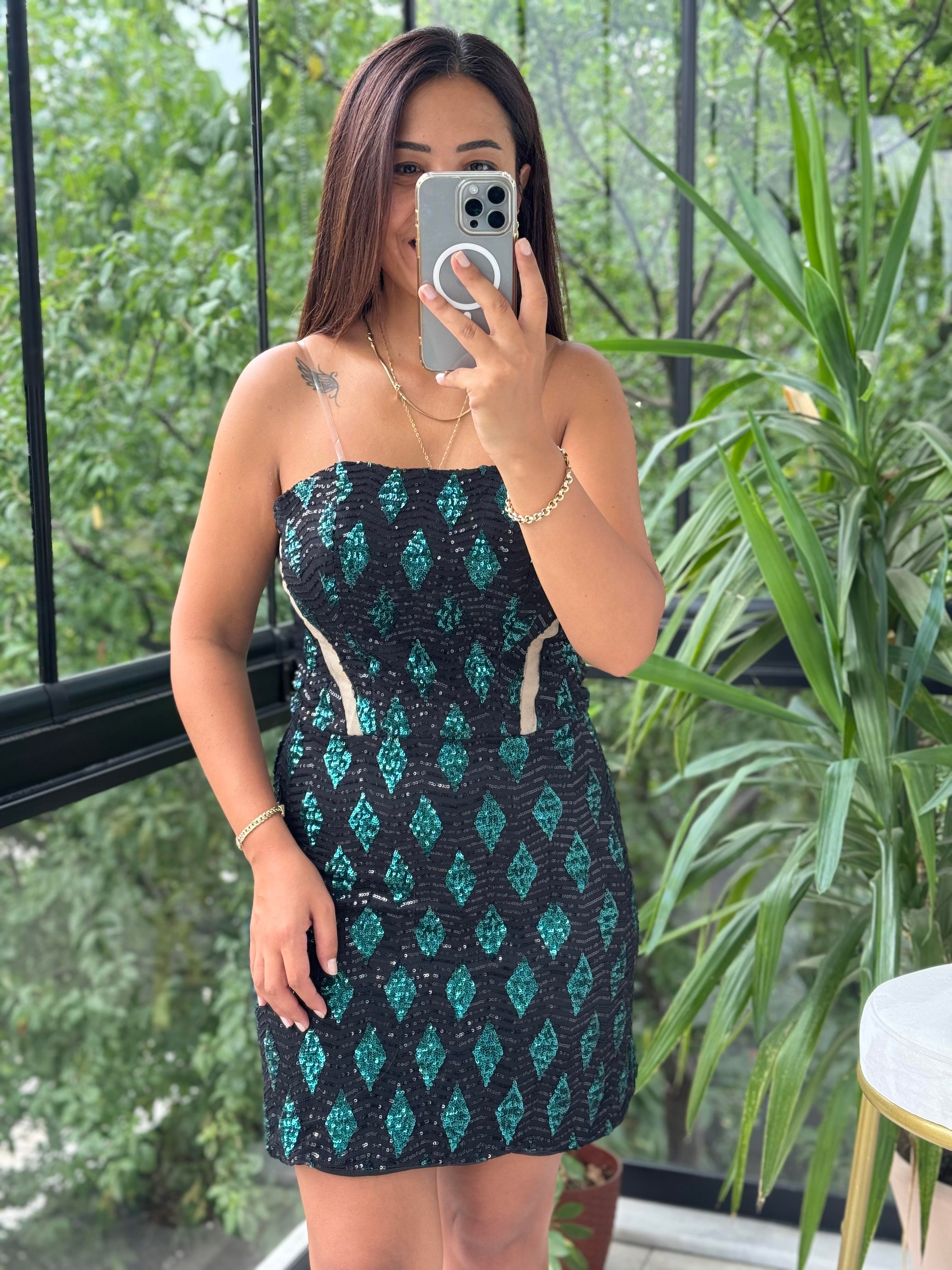 Payetli Mini Abiye Elbise Zümrüt