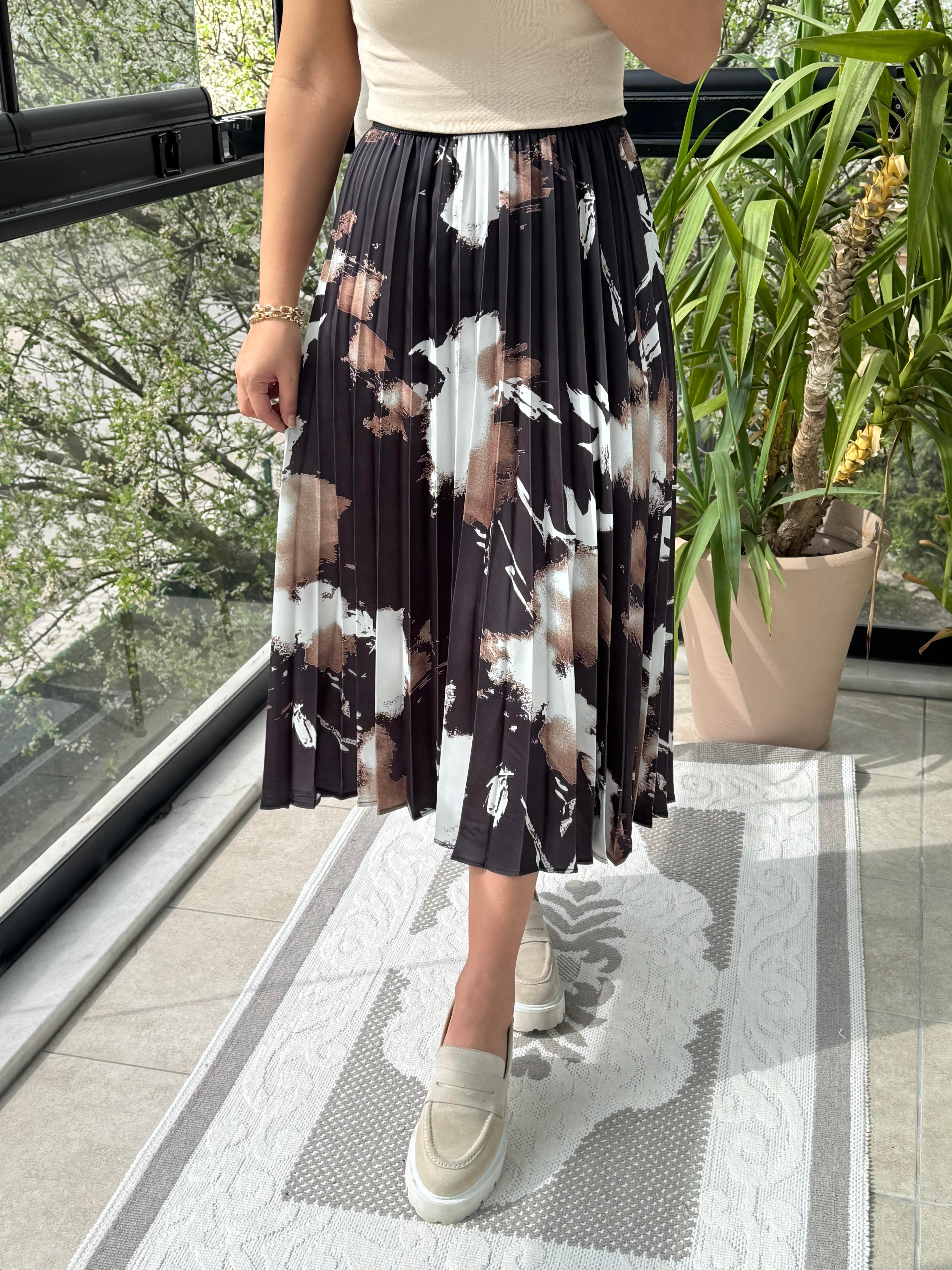 Pileli Desenli Etek Kahve