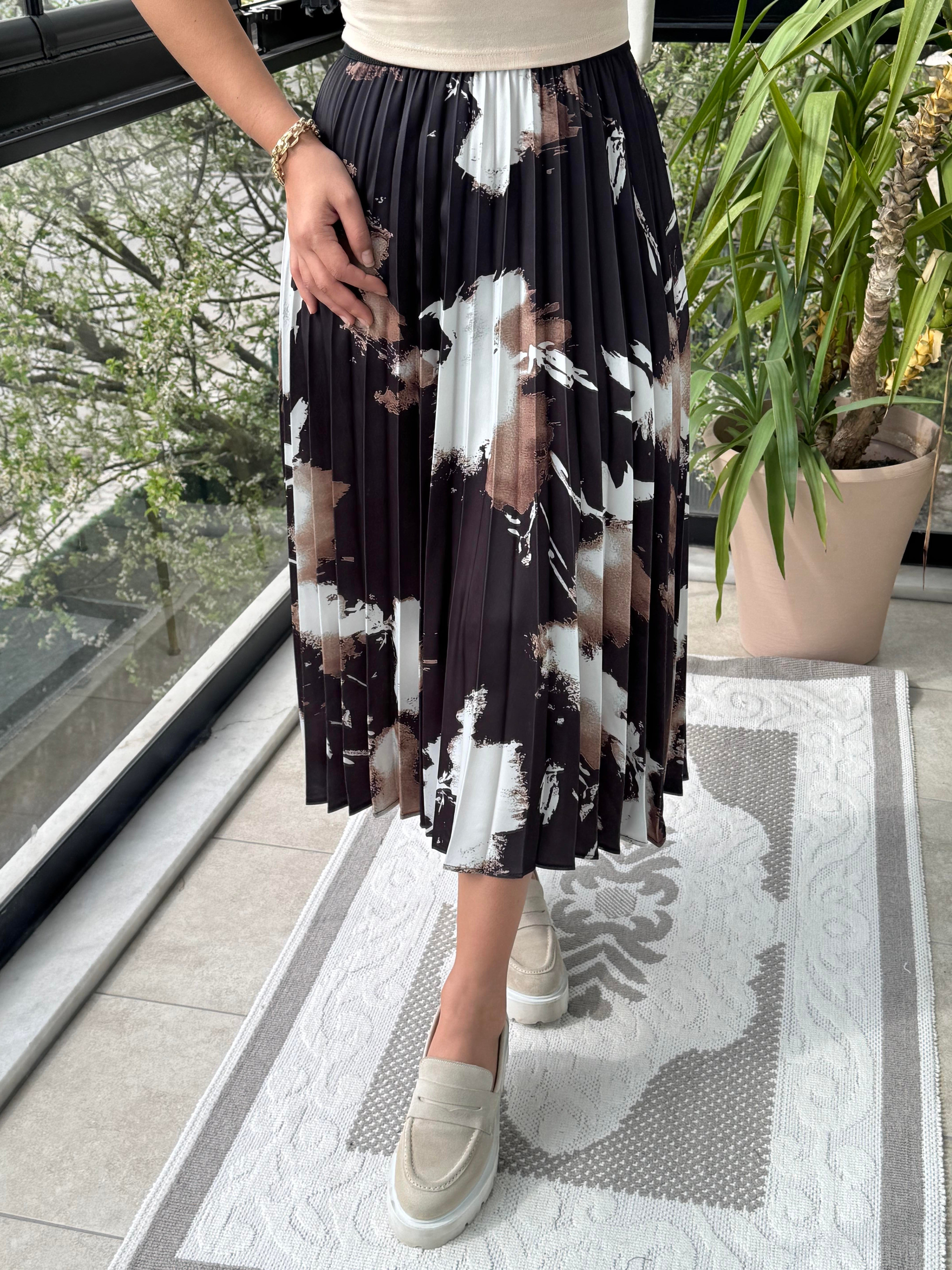 Pileli Desenli Etek Kahve