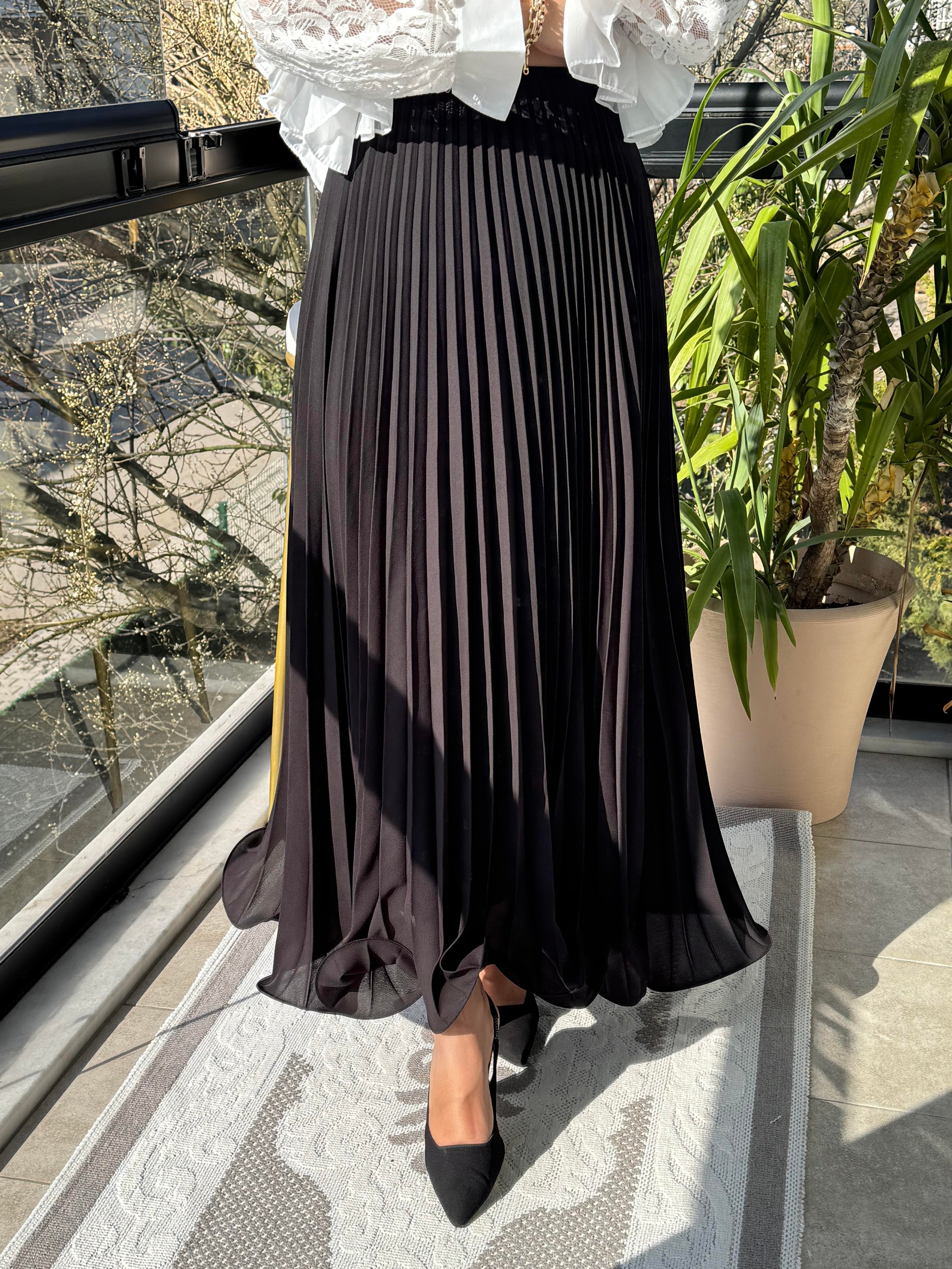 Piliseli Şifon Etek Siyah