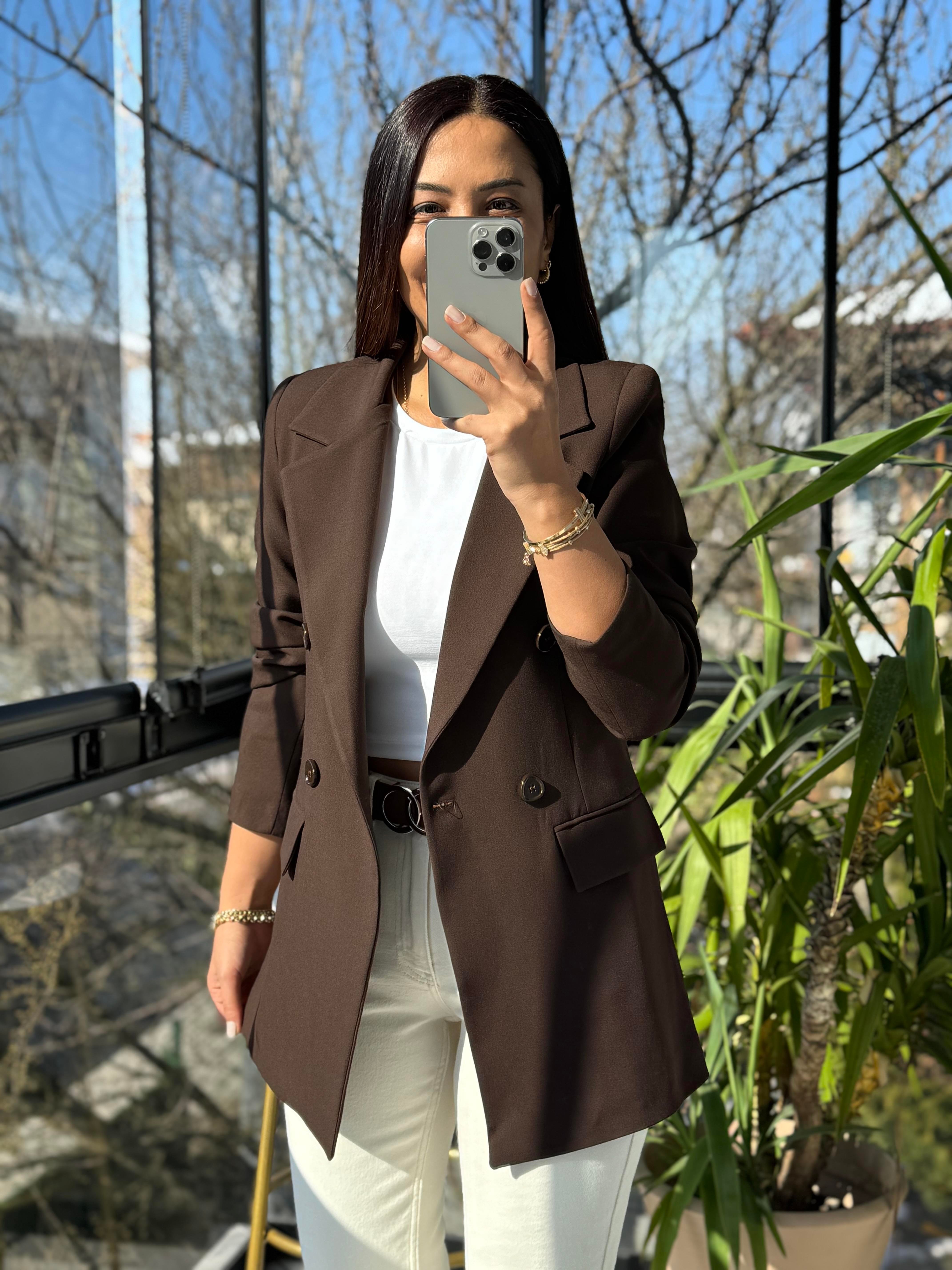 Poliviskon Kumaş Slimfit Blazer Ceket Kahve