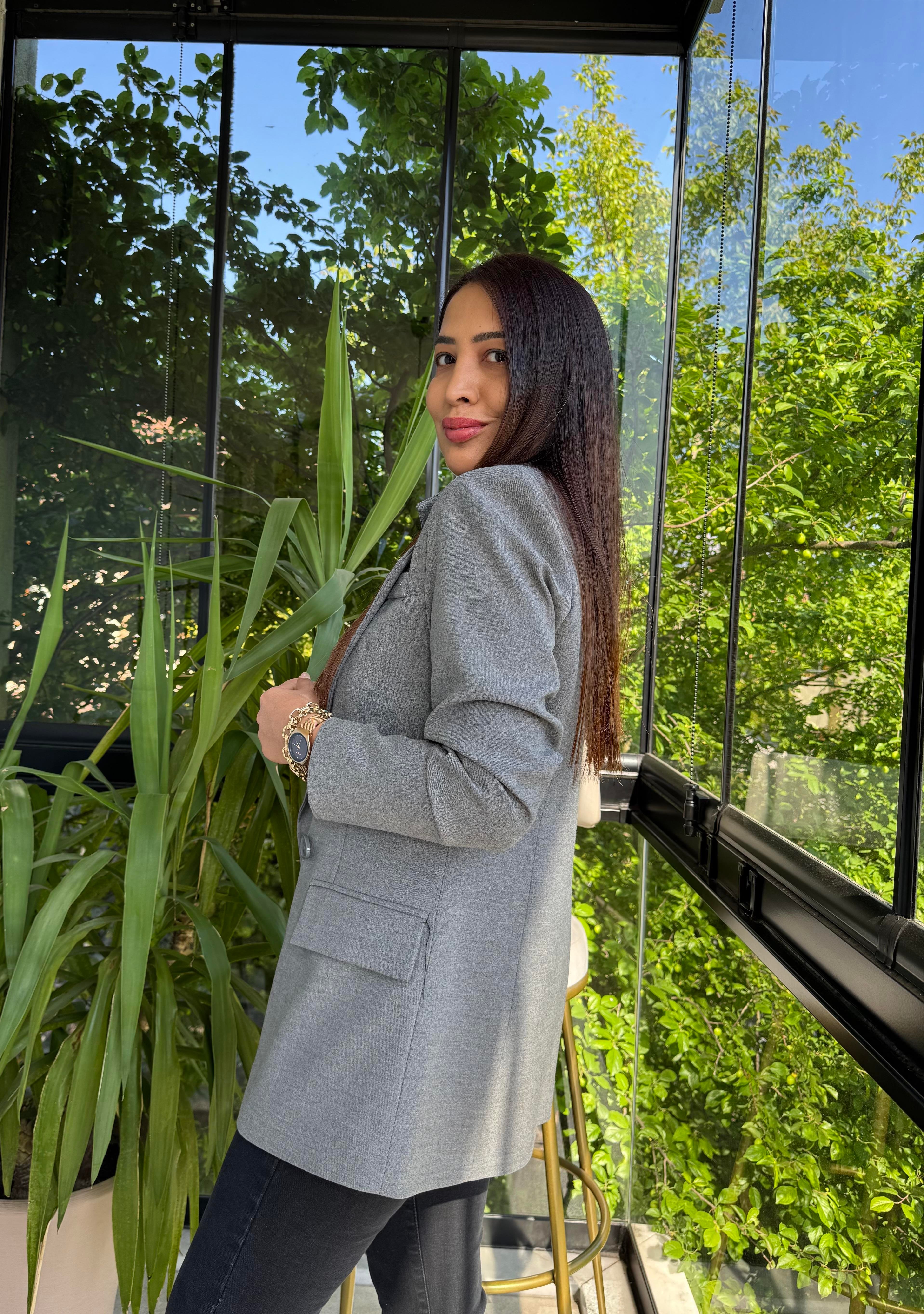 Poliviskon Kumaş Slimfit Blazer Ceket Gri