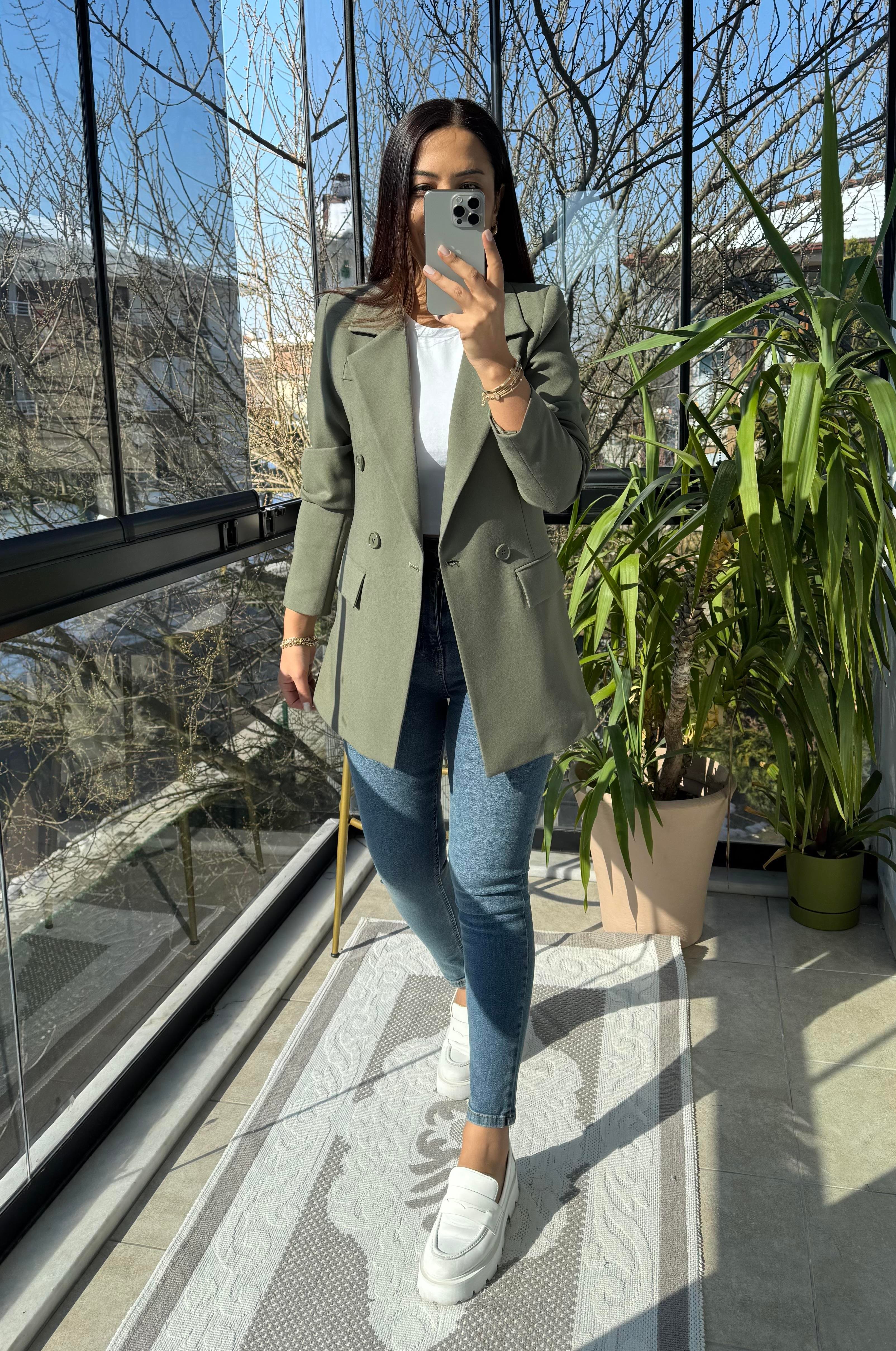 Poliviskon Kumaş Slimfit Blazer Ceket Haki Yeşili