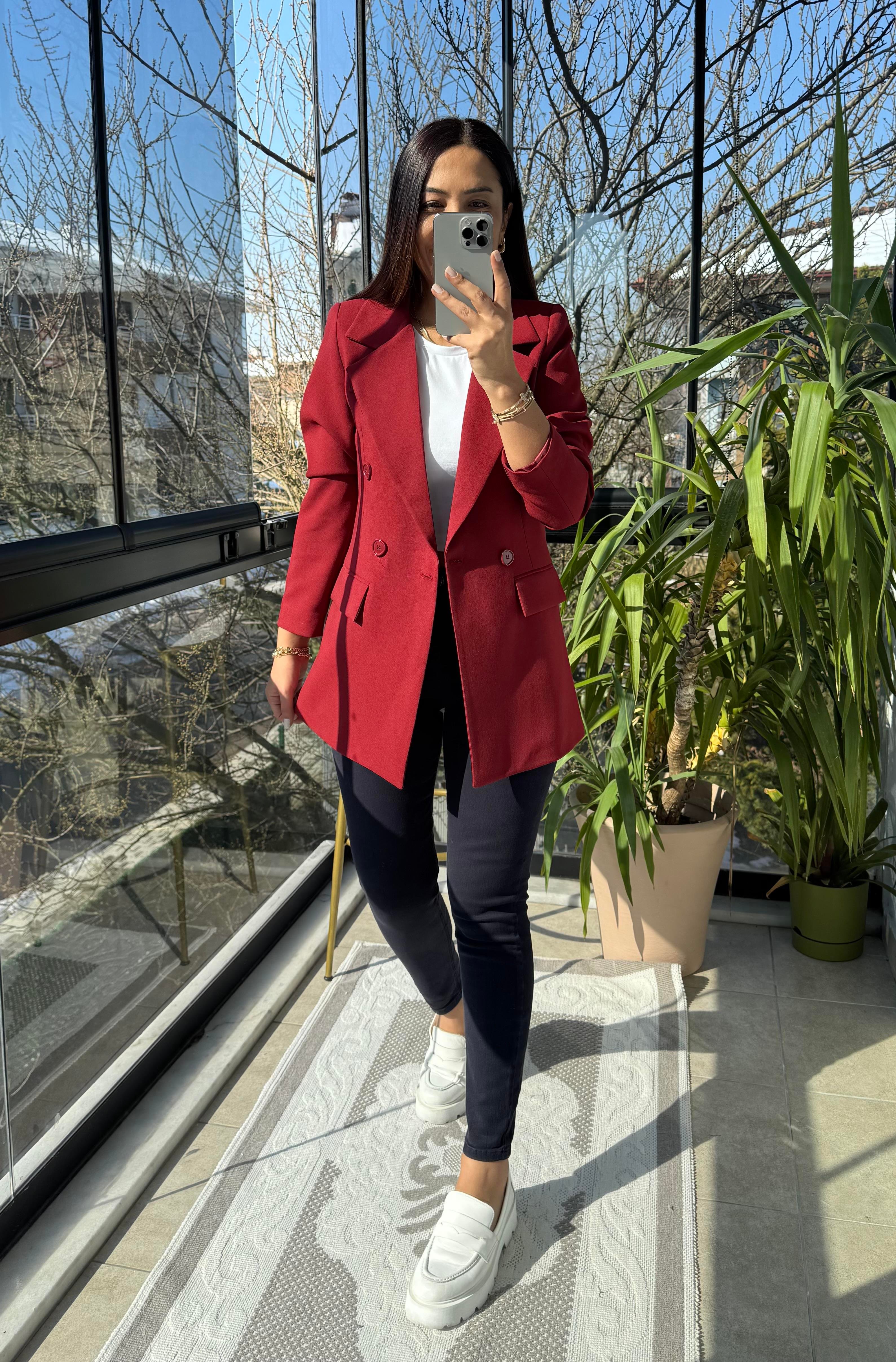 Poliviskon Kumaş Slimfit Blazer Ceket Bordo 