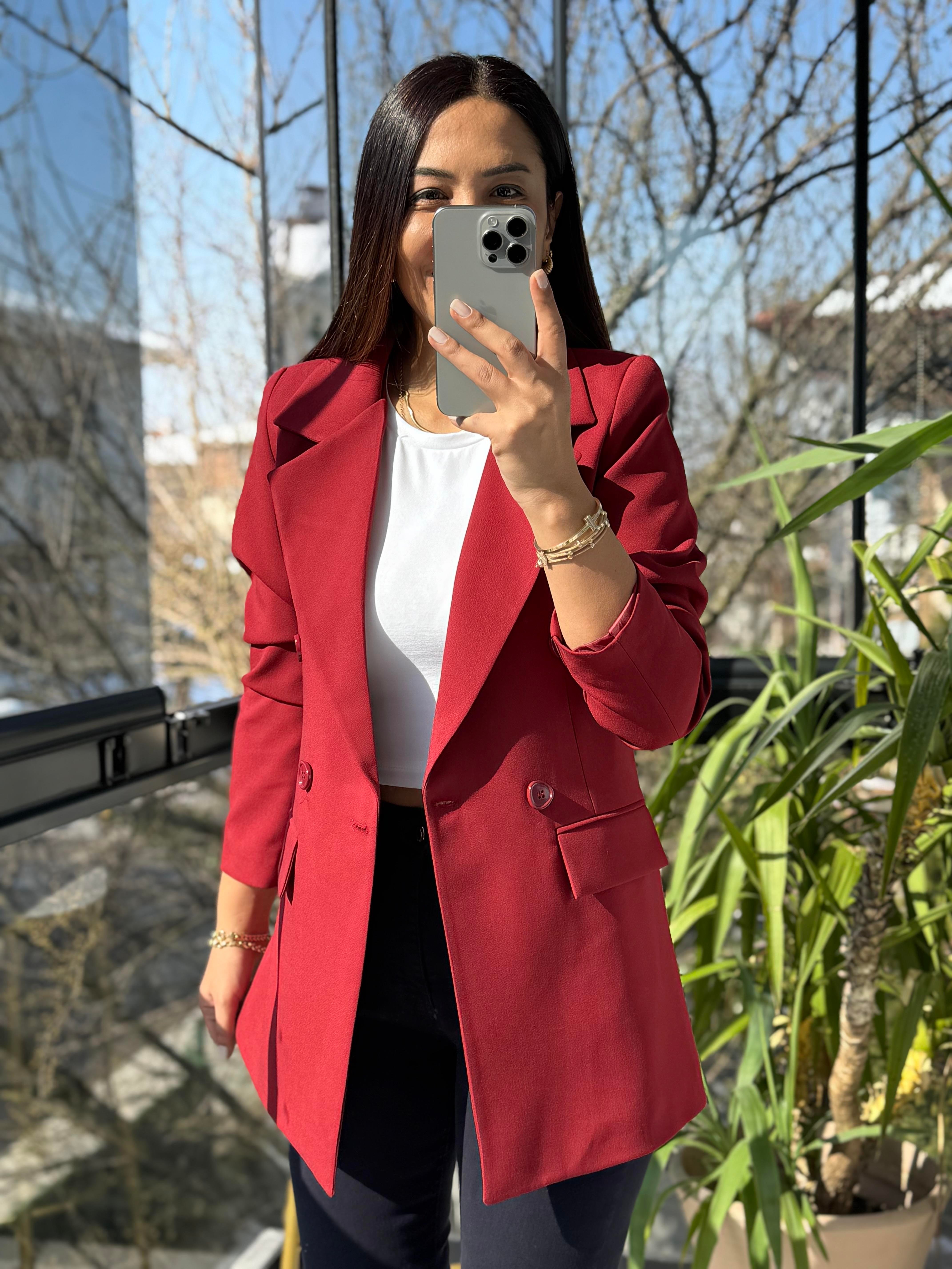 Poliviskon Kumaş Slimfit Blazer Ceket Bordo 