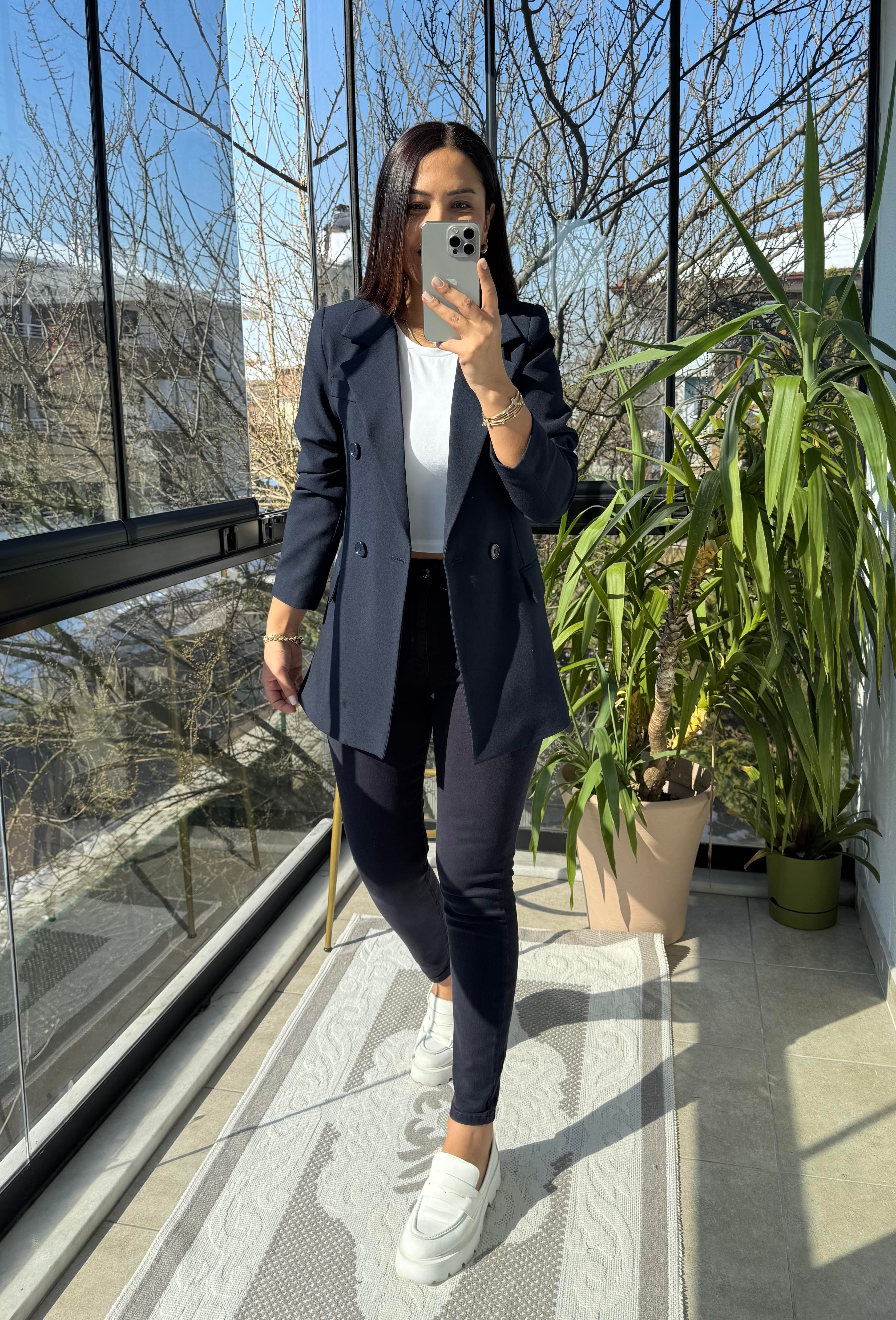 Poliviskon Kumaş Slimfit Blazer Ceket Lacivert