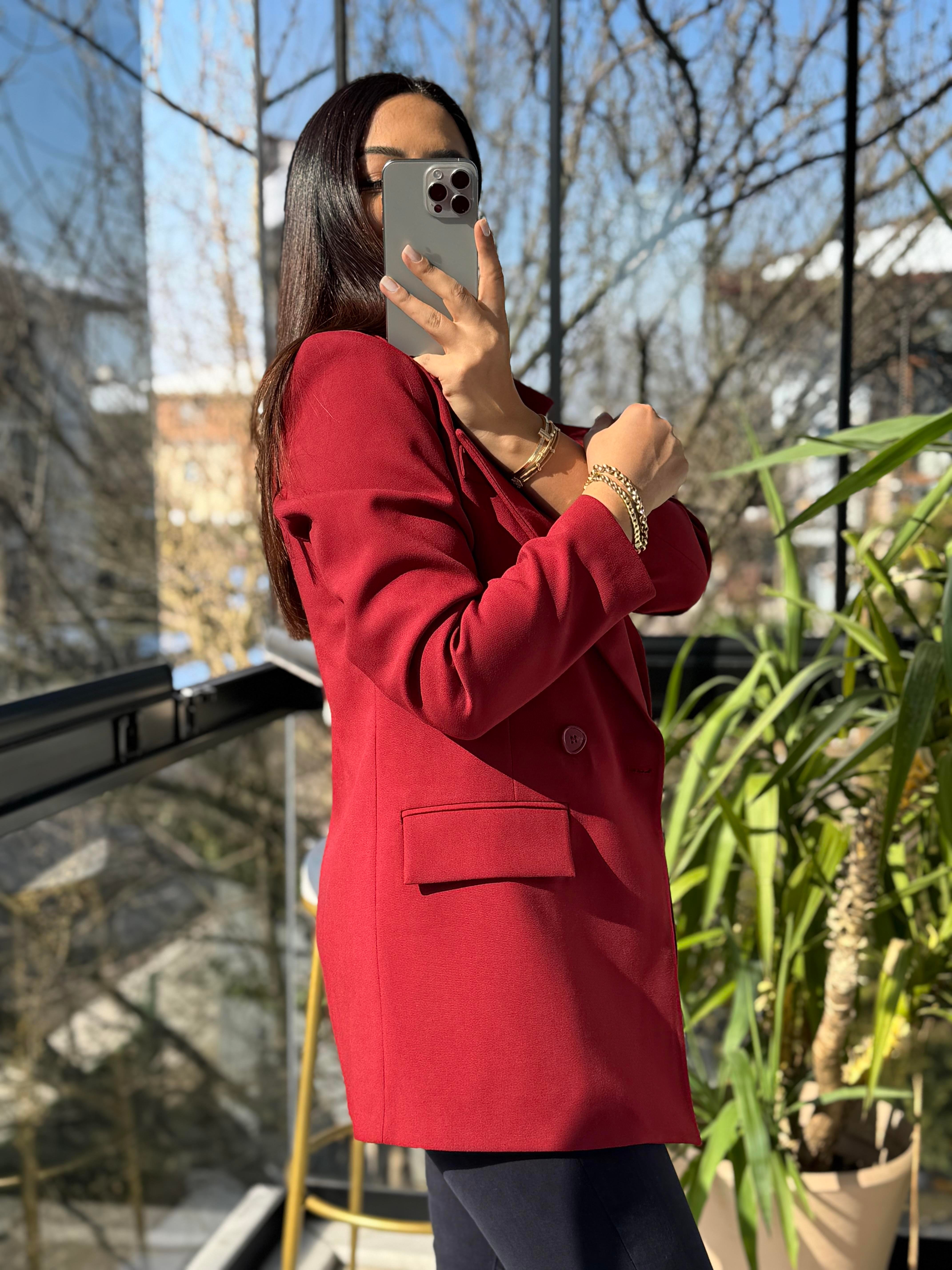 Poliviskon Kumaş Slimfit Blazer Ceket Bordo 