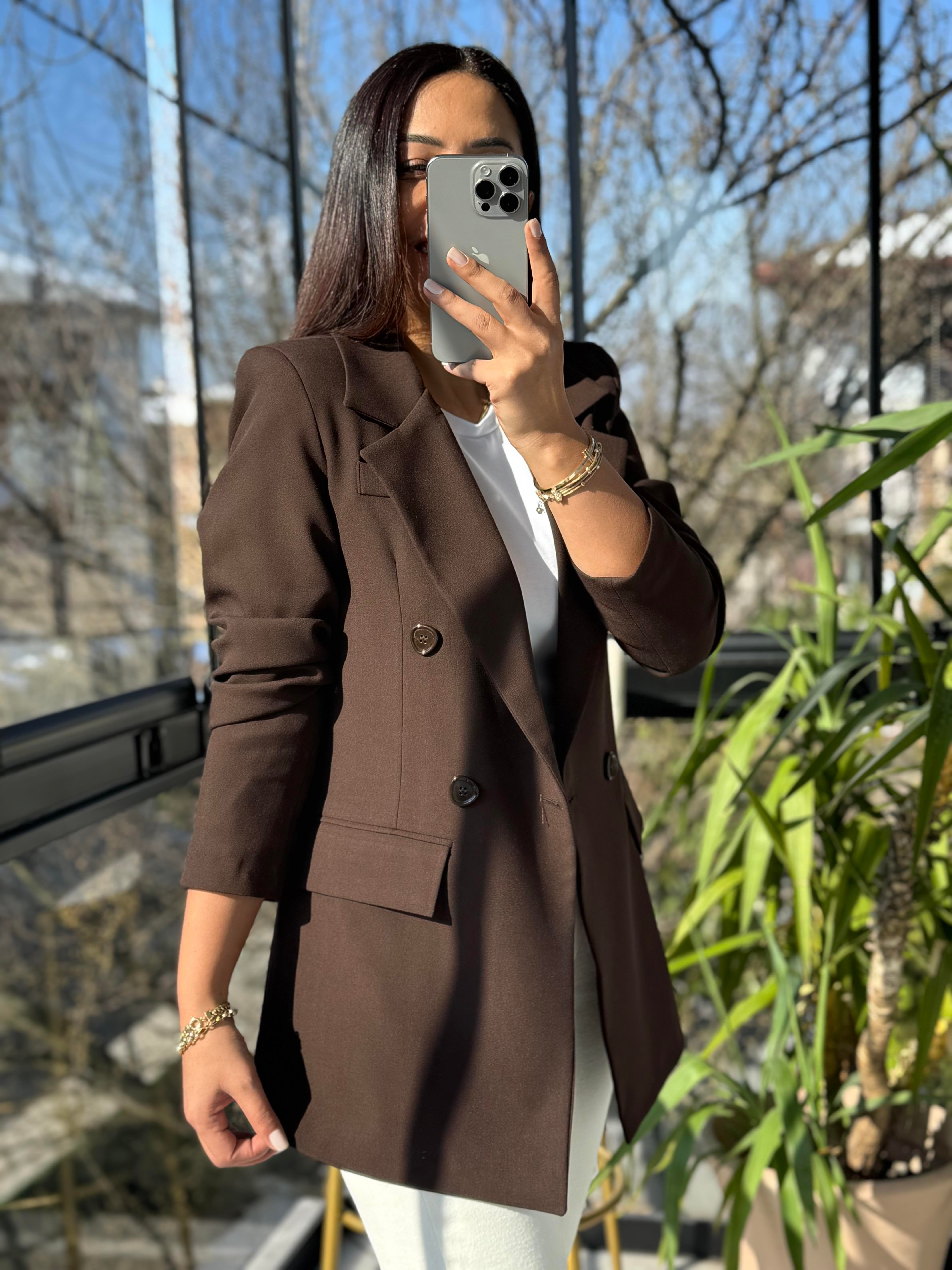 Poliviskon Kumaş Slimfit Blazer Ceket Kahve