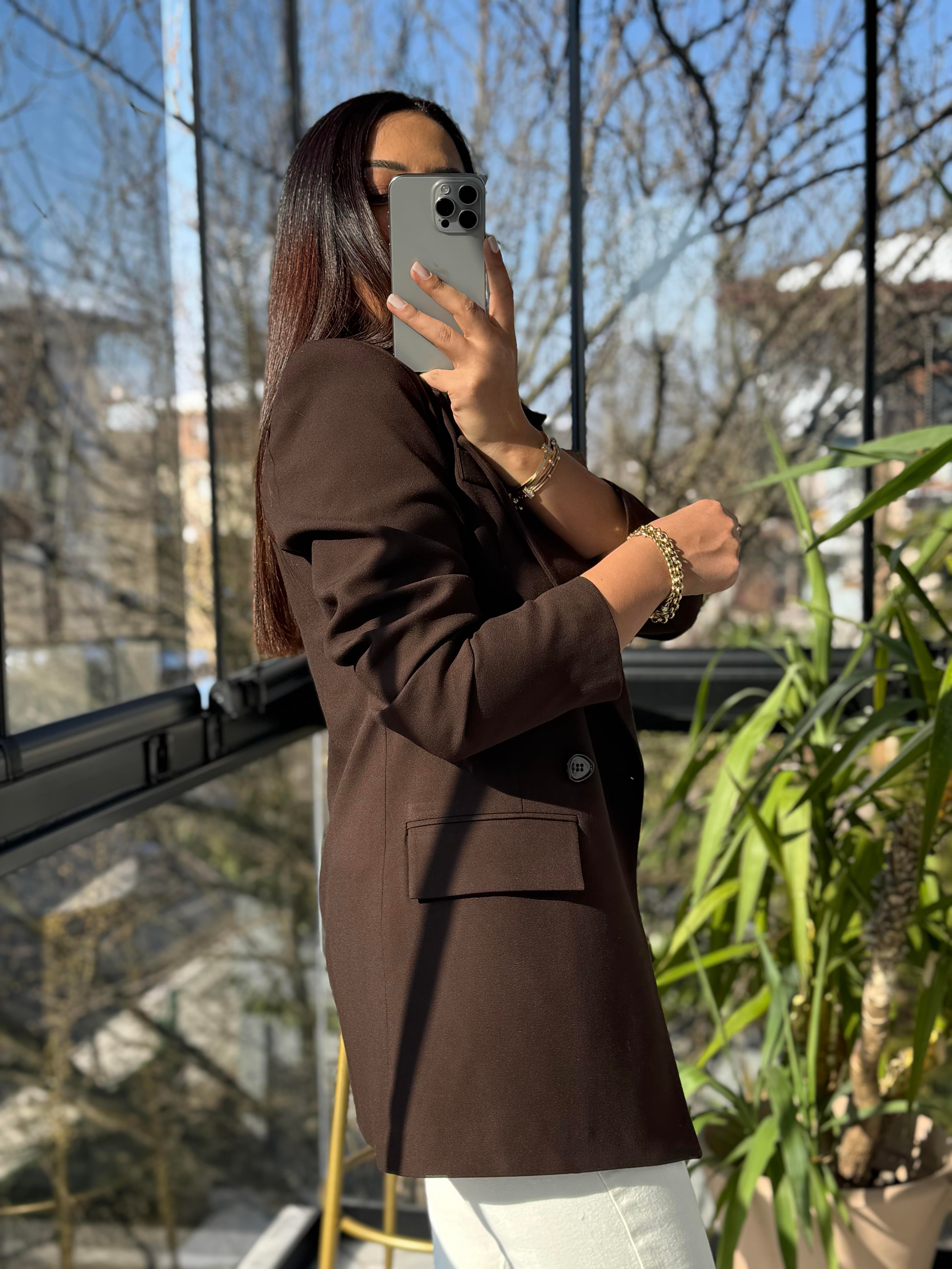 Poliviskon Kumaş Slimfit Blazer Ceket Kahve