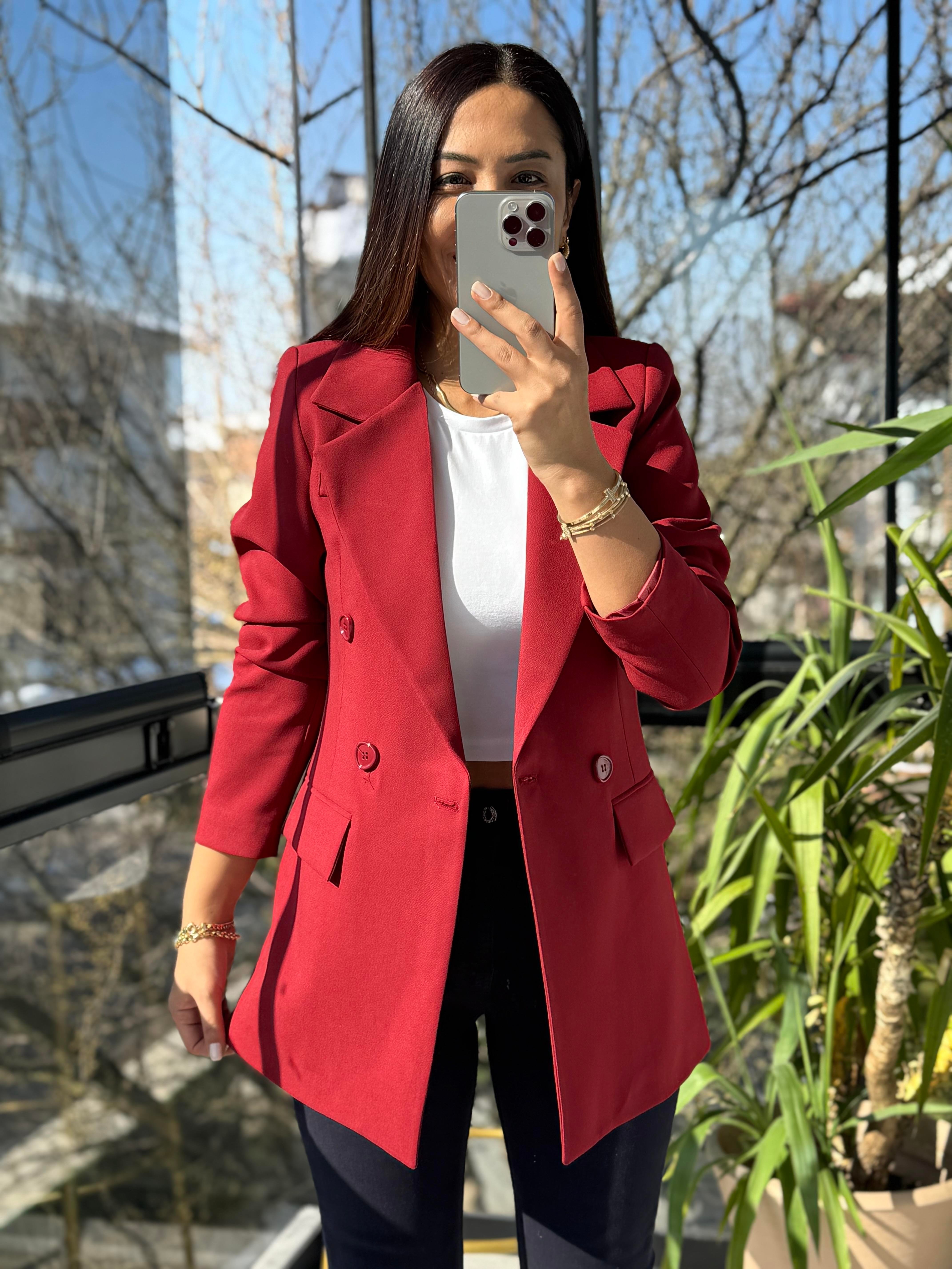 Poliviskon Kumaş Slimfit Blazer Ceket Bordo 