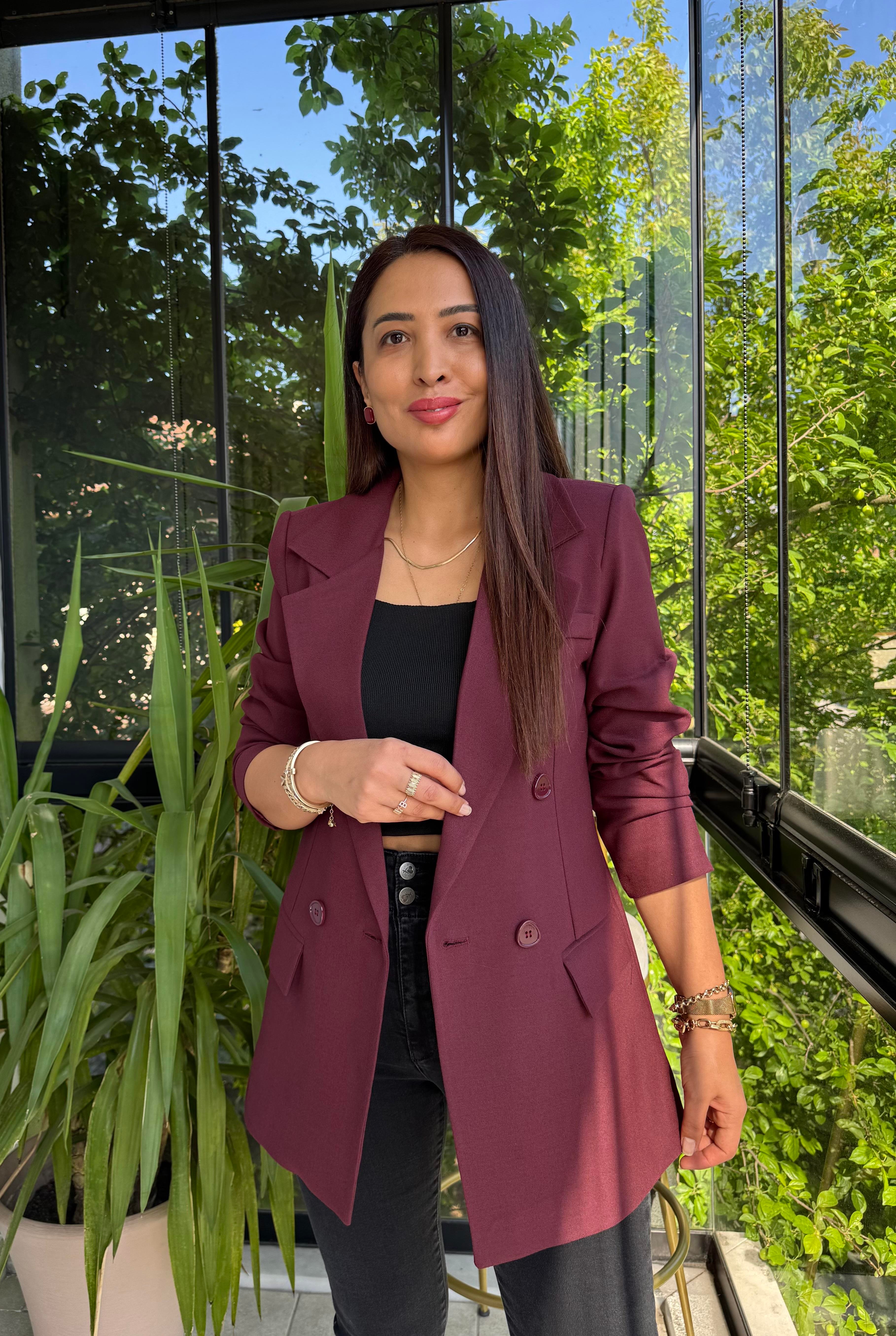 Poliviskon Kumaş Slimfit Blazer Ceket Bordo
