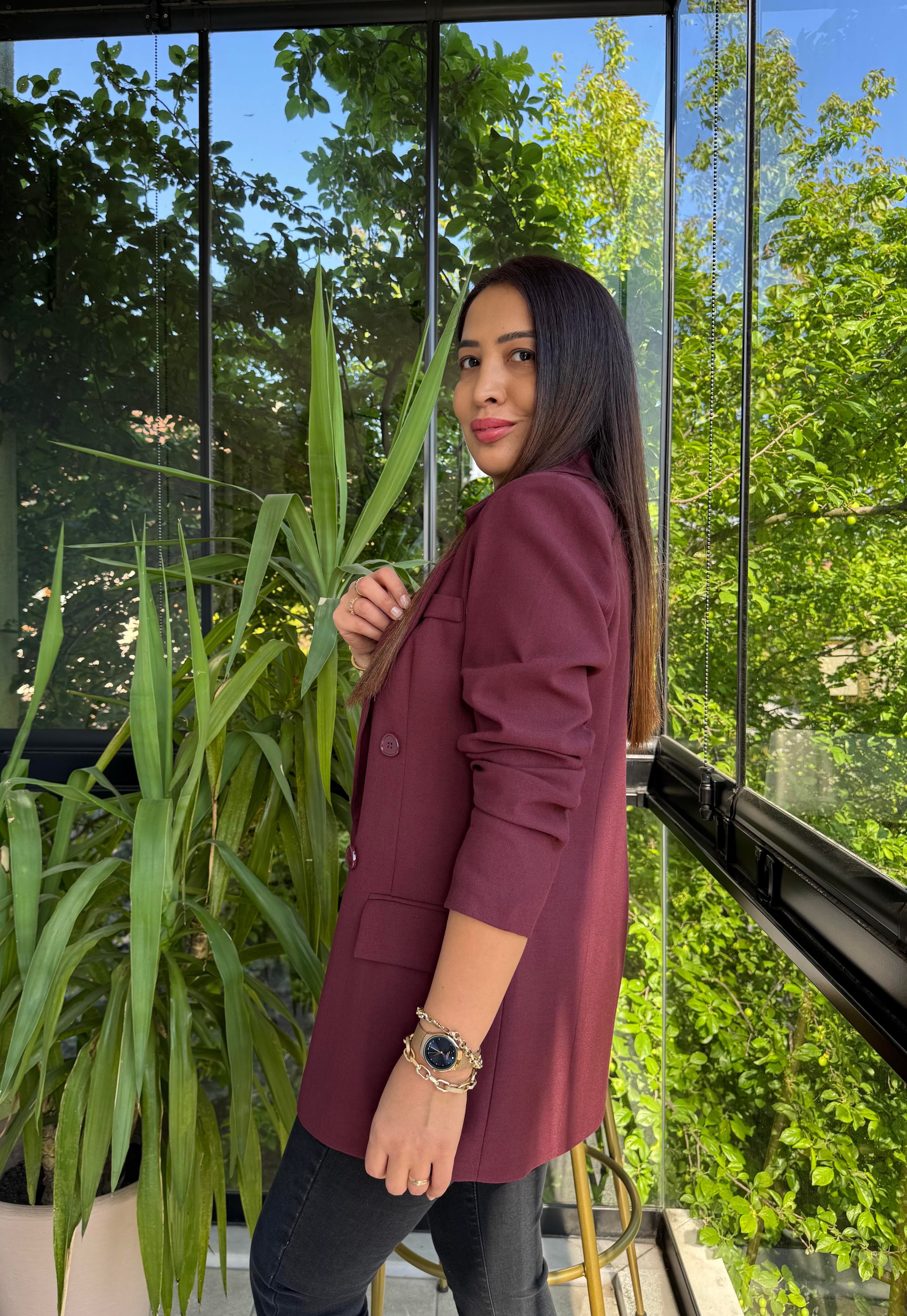 Poliviskon Kumaş Slimfit Blazer Ceket Bordo