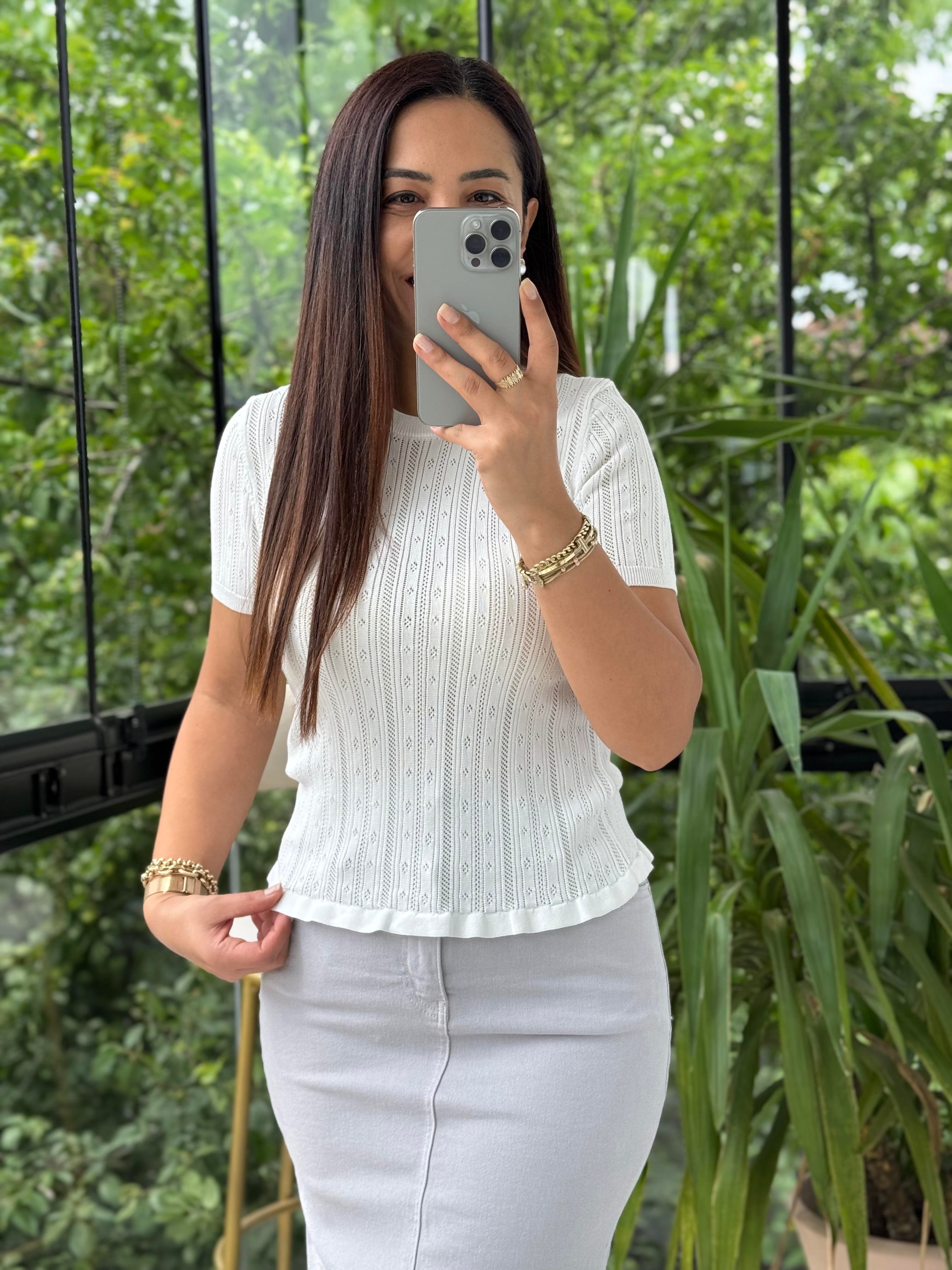 Polo Yaka Ajurlu Fırfırlı Bluz Beyaz