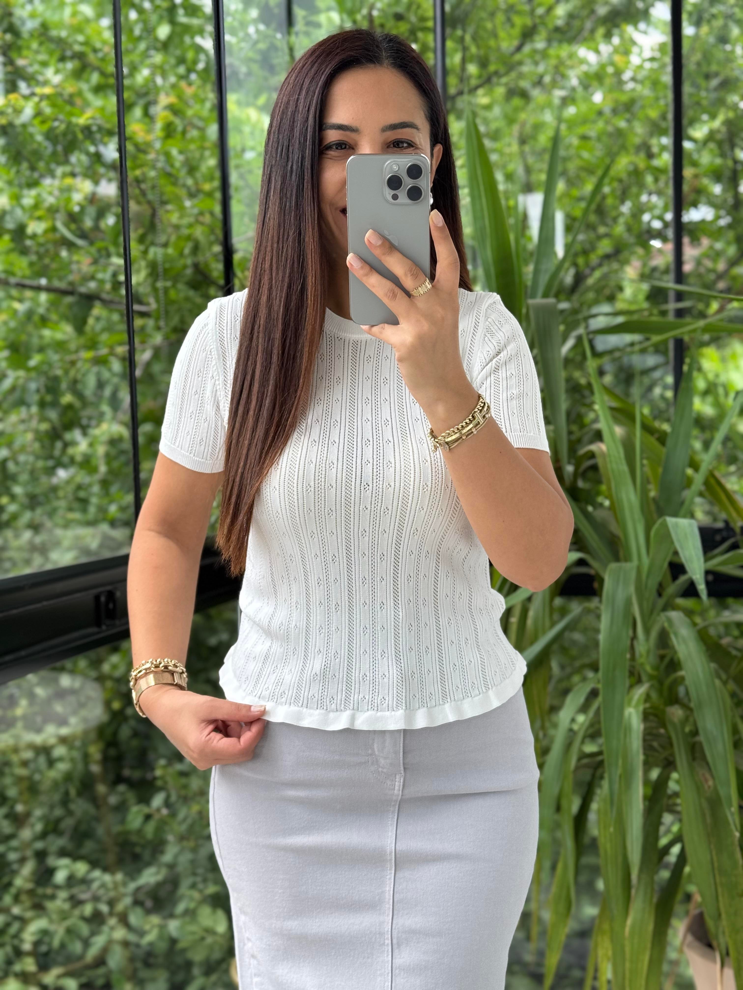 Polo Yaka Ajurlu Fırfırlı Bluz Beyaz